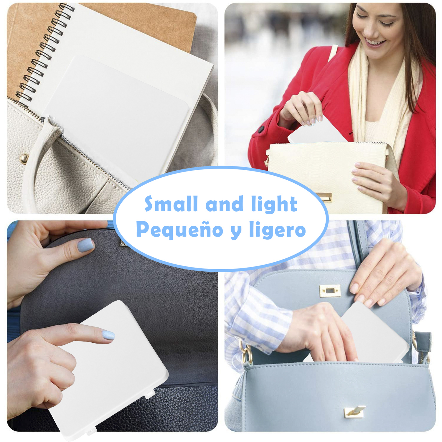 Una mujer mete un objeto blanco en un bolso azul claro. Collage.