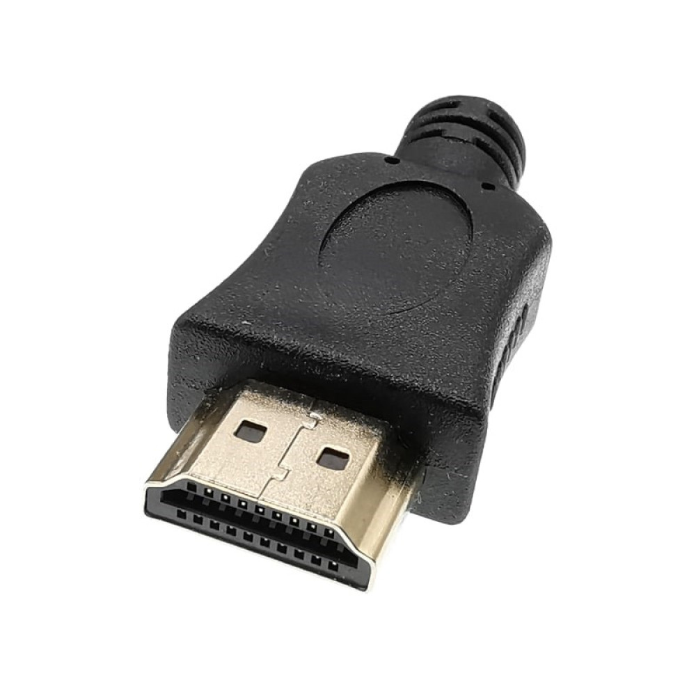 Czarny złącze HDMI ze złotymi pinami na białym tle.