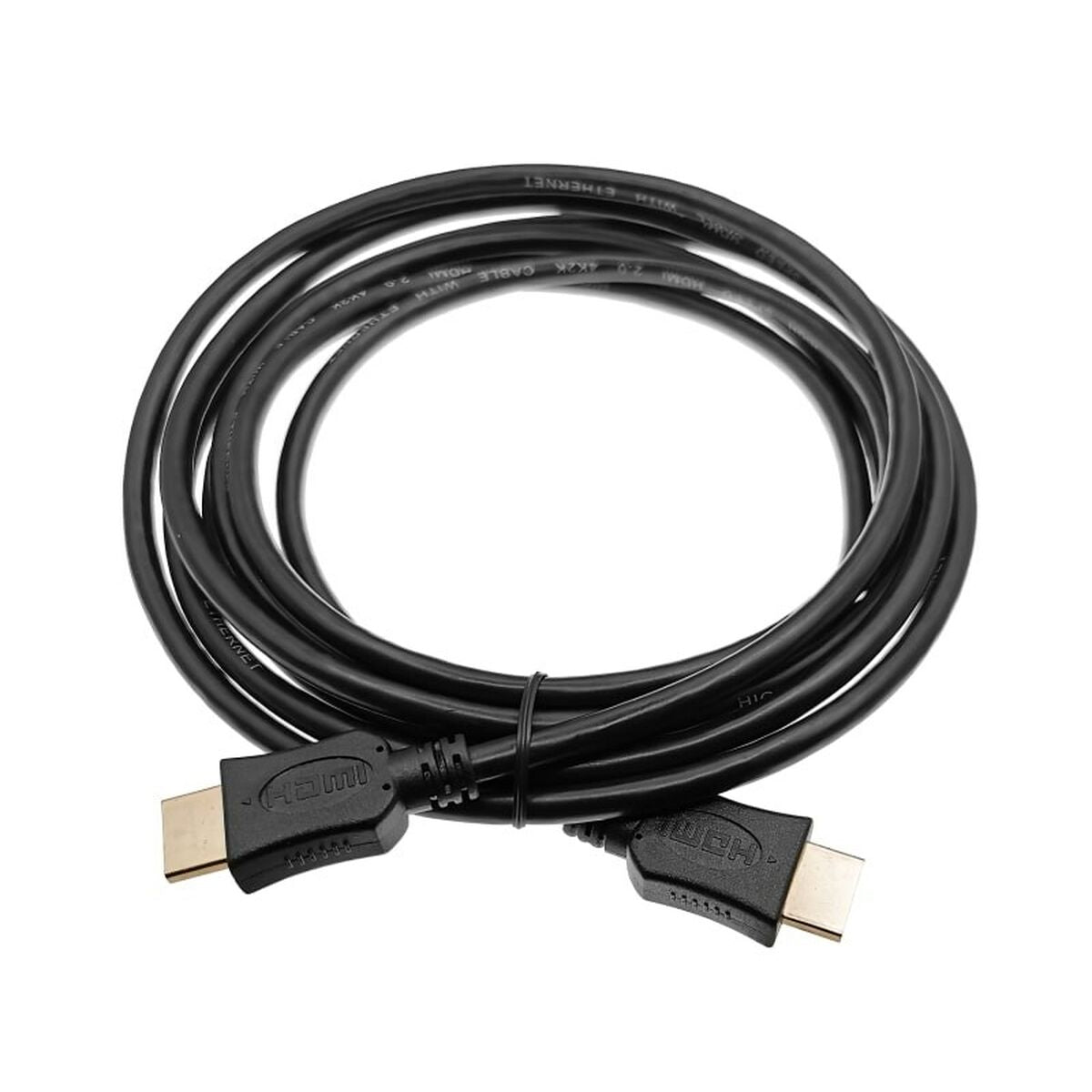 Czarny kabel HDMI ze złotymi złączami, nawinięty na białym tle.