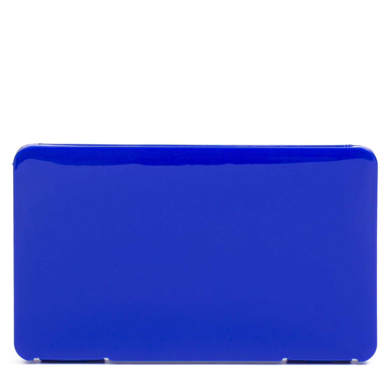 Un objeto azul, rectangular y brillante sobre fondo blanco.