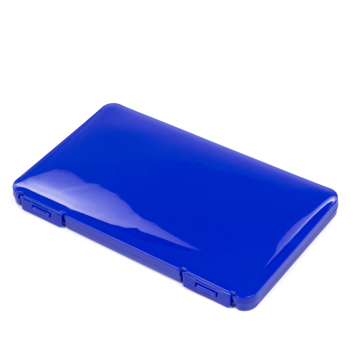 Un estuche cerrado, brillante, azul real sobre fondo blanco.