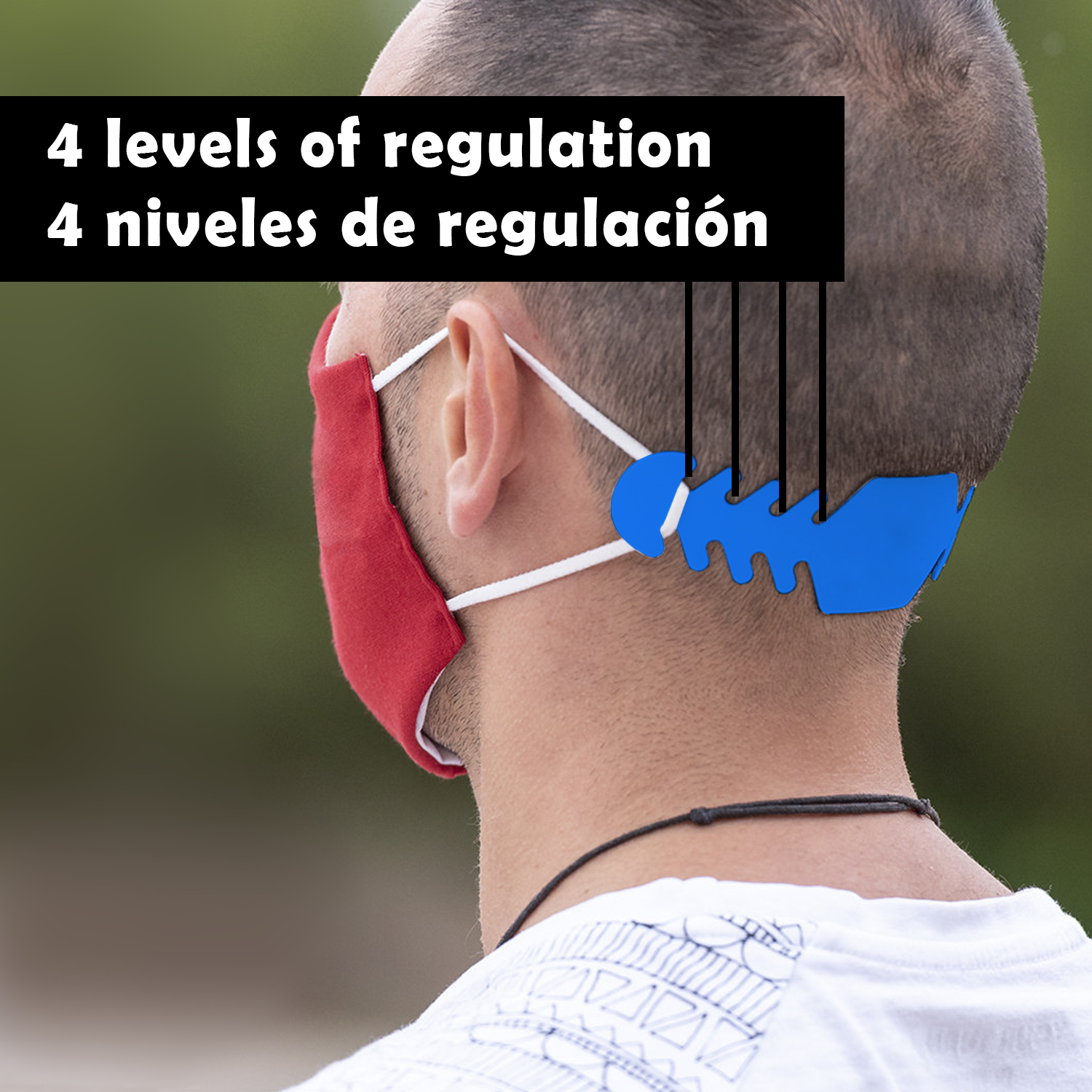 Hombre con mascarilla roja y tirante azul mostrando 4 niveles.