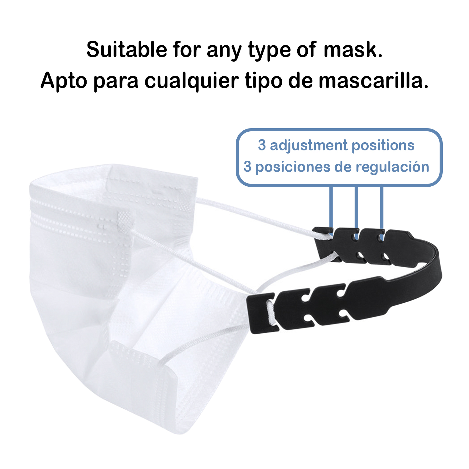 Mascarilla blanca con extensor de correa negro mostrando 3 posiciones.