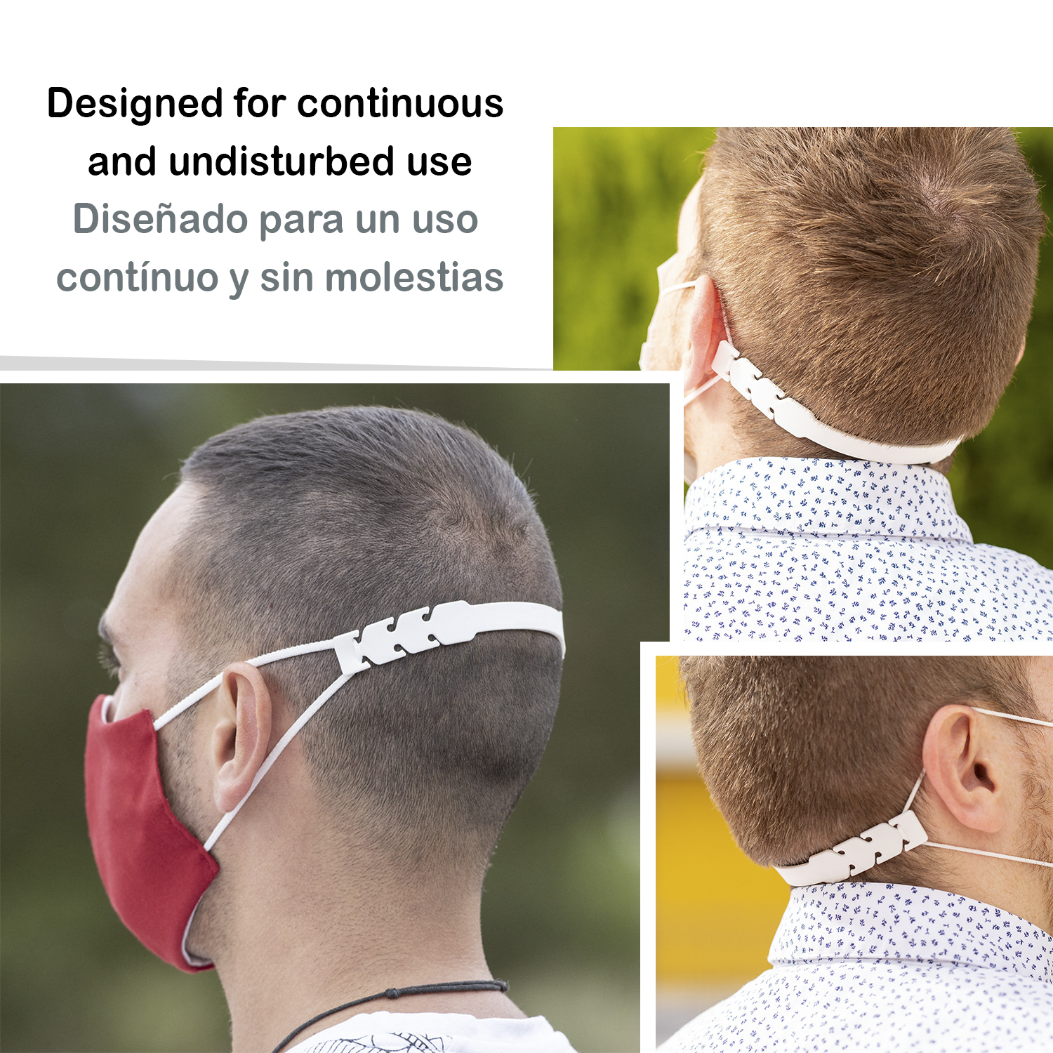 Hombre con mascarilla roja y extensor blanco para mascarilla