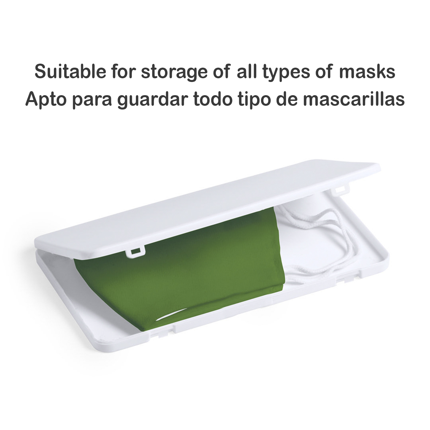 Estuche blanco para mascarillas con mascarilla verde.