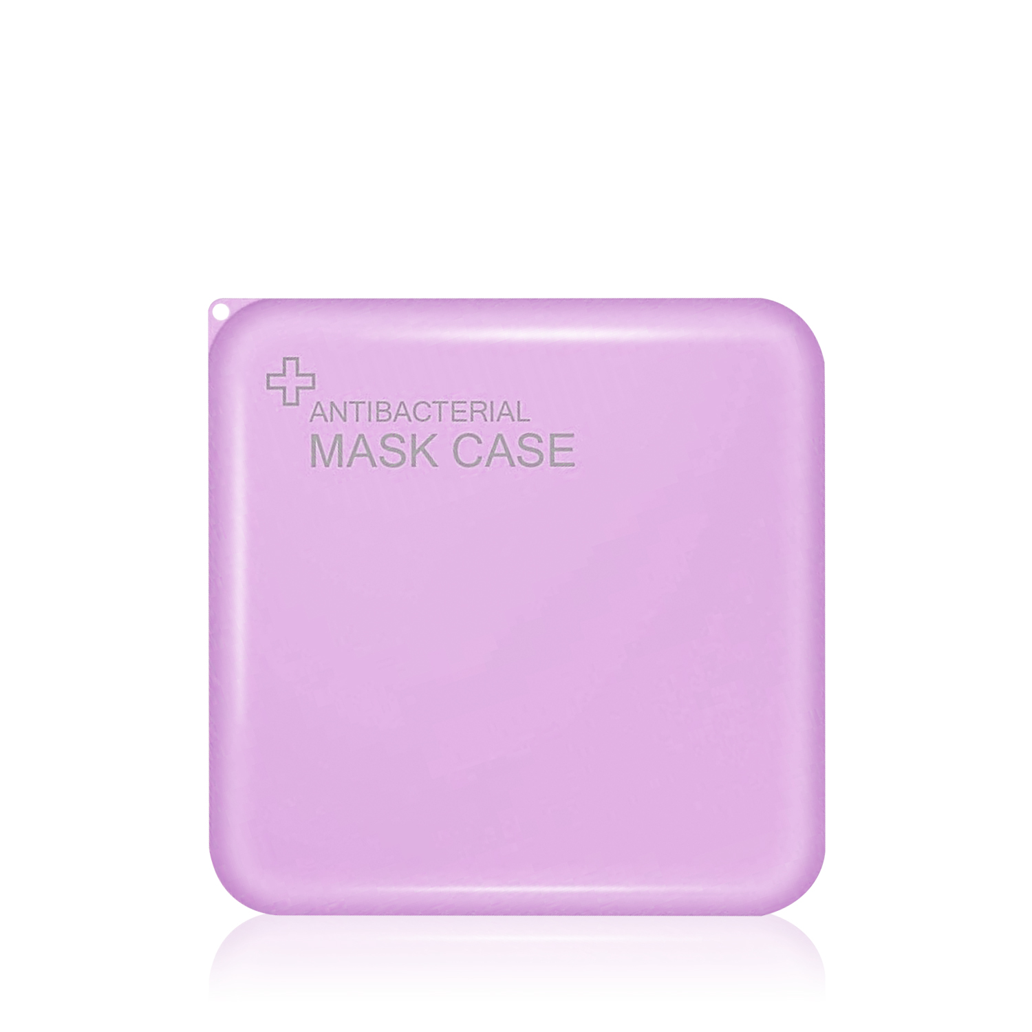 Una caja de mascarilla antibacteriana rosa, cuadrada, con esquinas redondeadas y texto.