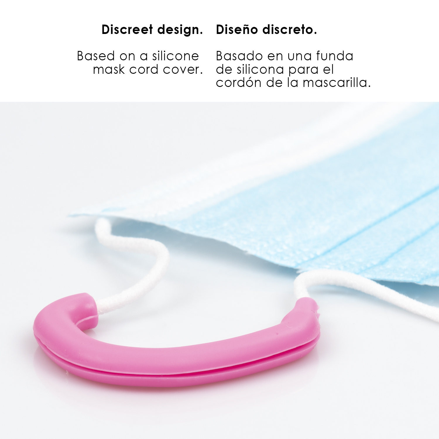 Una funda rosa de silicona para cordón de mascarilla.