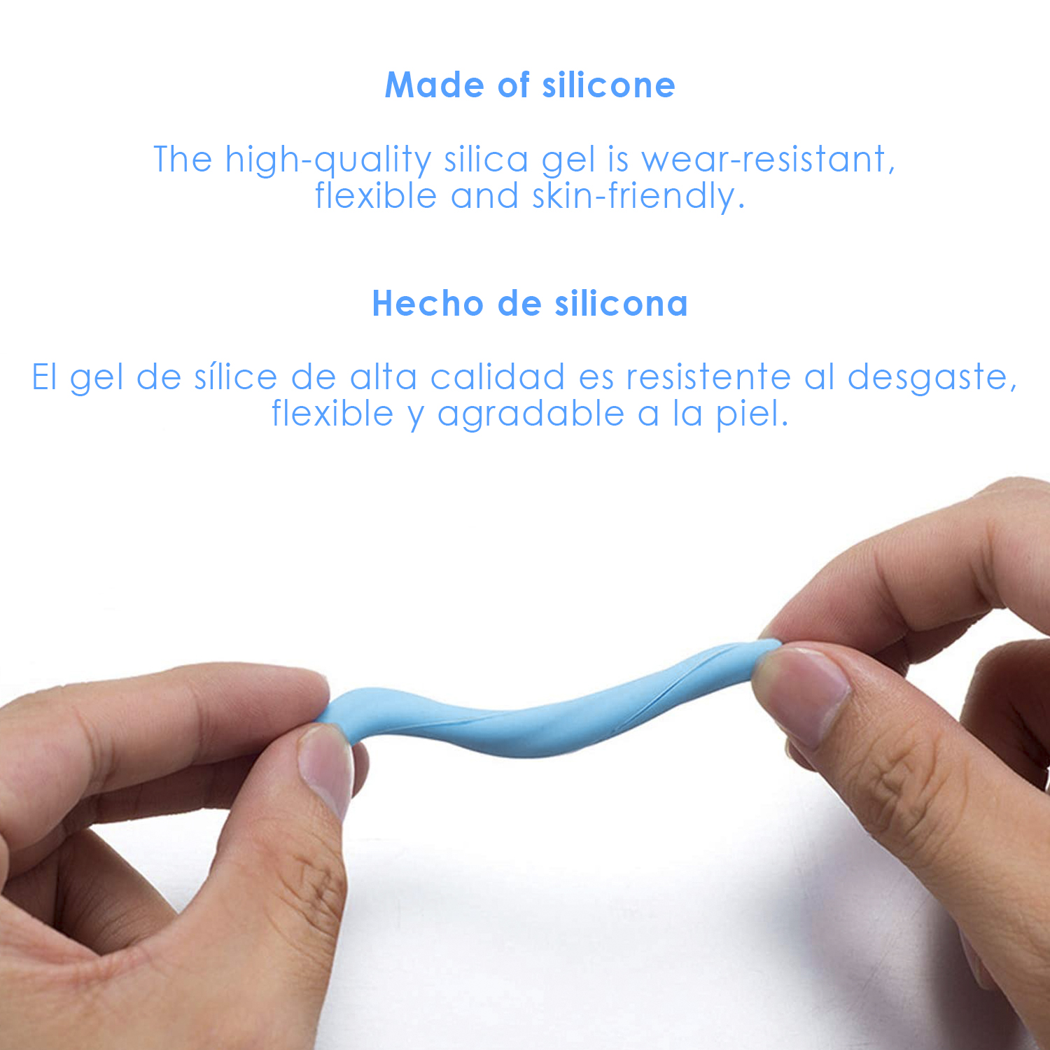 Manos doblando un cordón de silicona azul y flexible.
