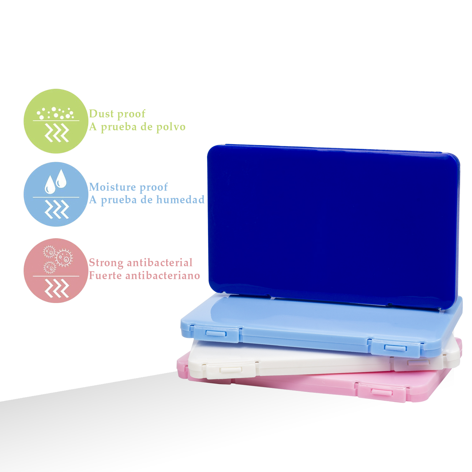 Tres contenedores coloridos: azul, azul claro, blanco y rosa apilados. Iconos muestran protección contra polvo, humedad y bacterias.
