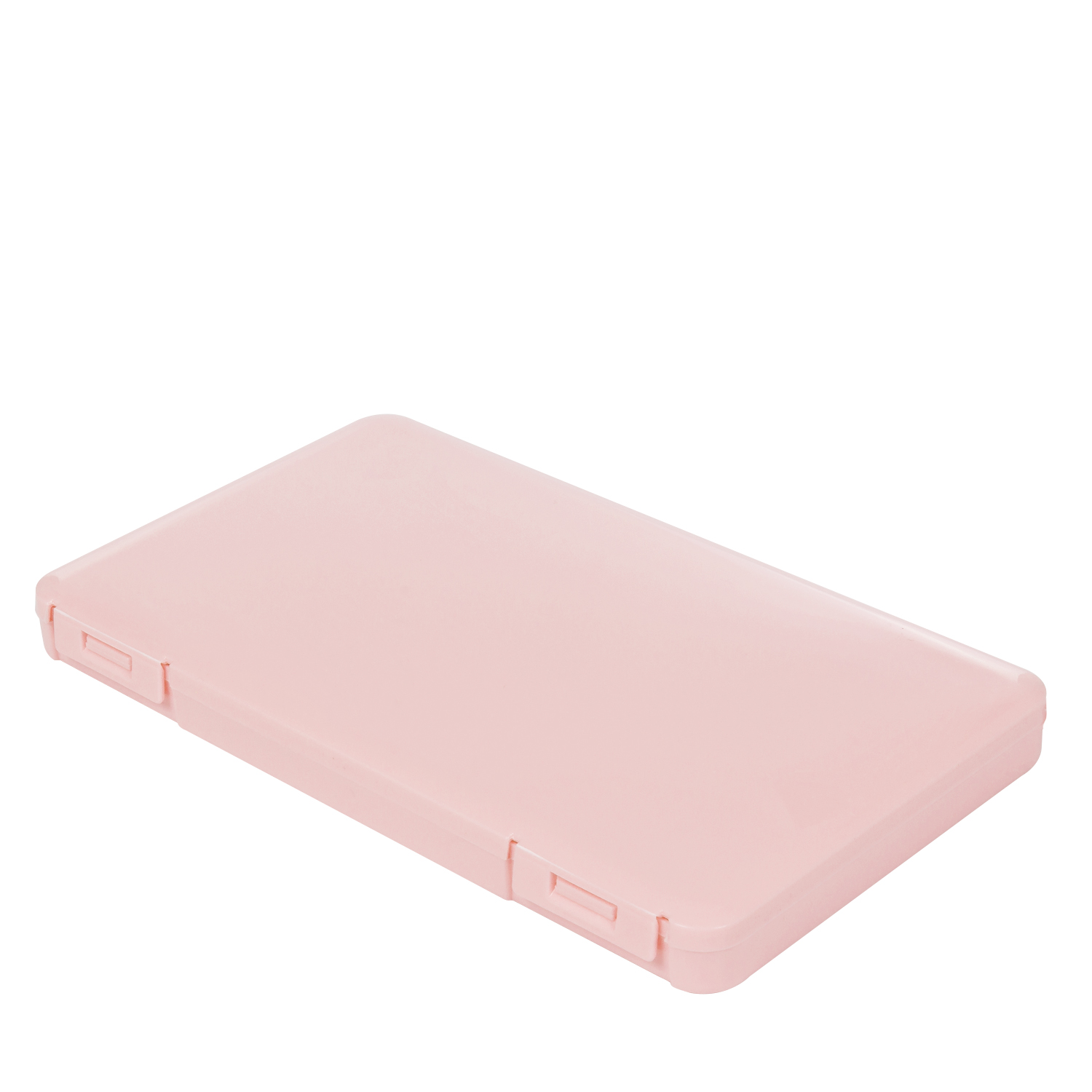 Una caja de almacenamiento plana, rosa pastel, con clips, tumbada de lado.