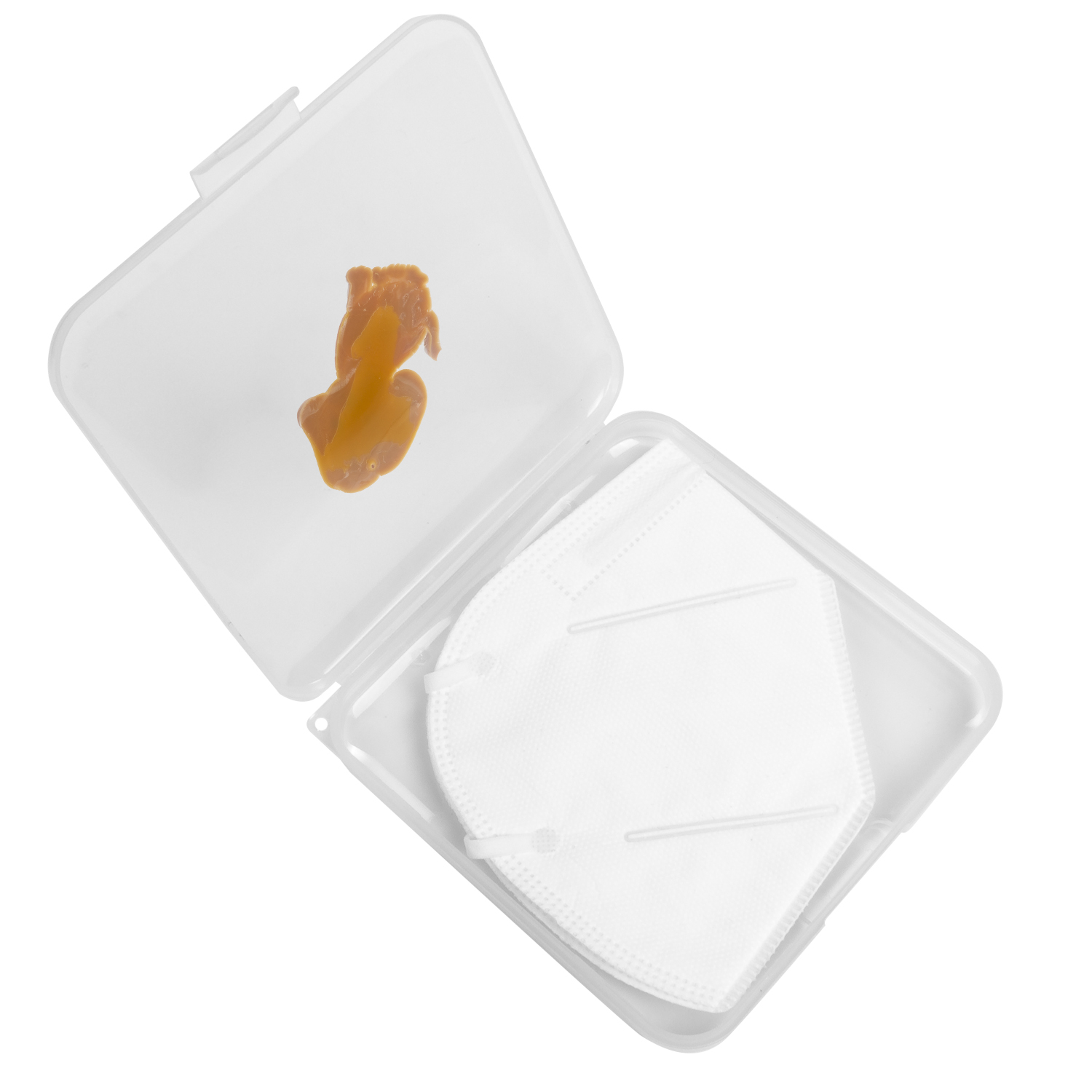 Un estuche blanco para mascarilla con sustancia naranja en el interior de la tapa.