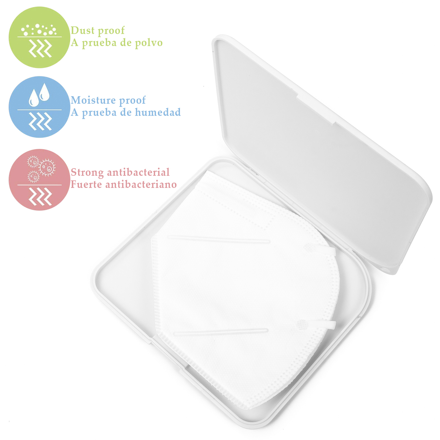 Mascarilla blanca antipolvo en estuche blanco con símbolos de protección contra polvo, humedad y bacterias.