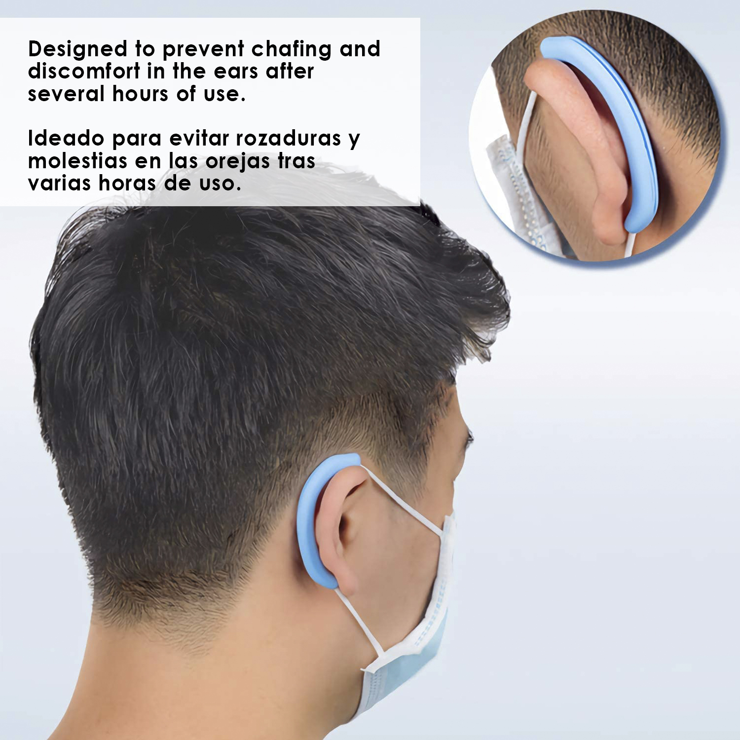 Un gancho azul para la oreja alivia la presión de la mascarilla.
