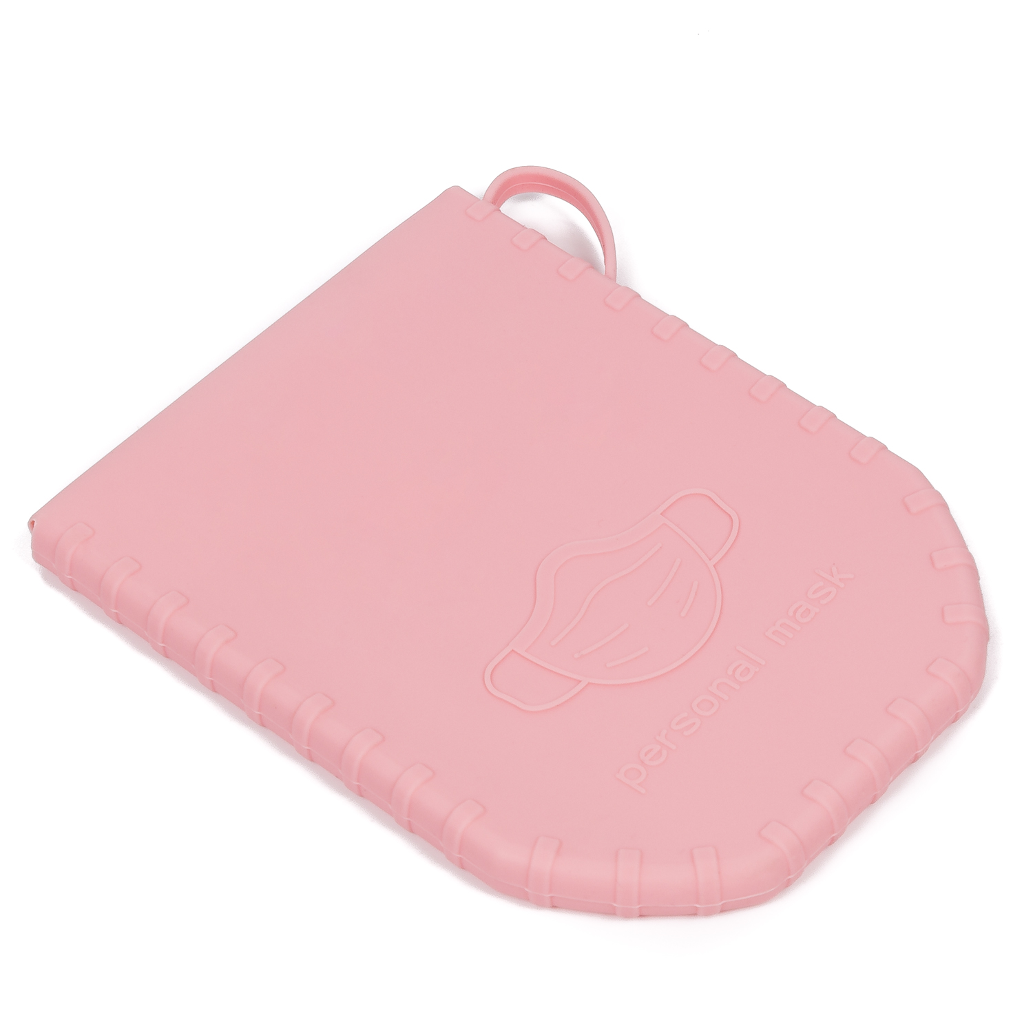 Una bolsa rosa con un icono de máscara y texto.
