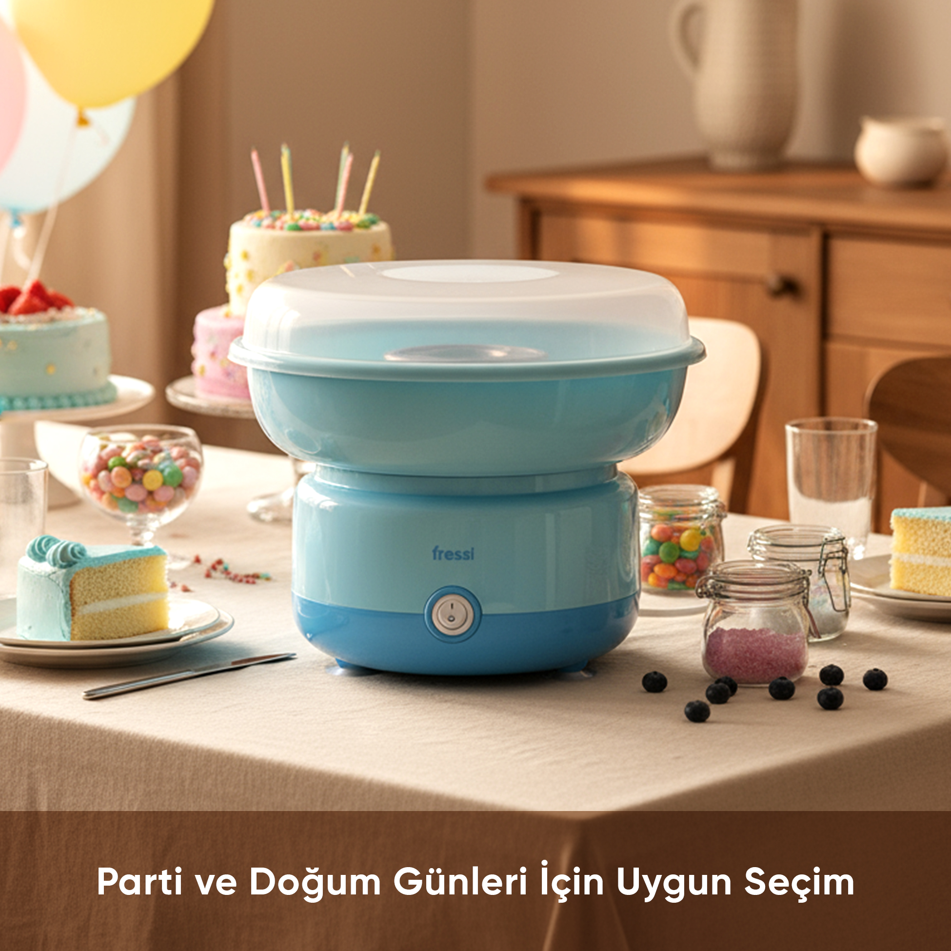 Kekler, şekerler ve balonların olduğu masada mavi bir pamuk şeker makinesi.