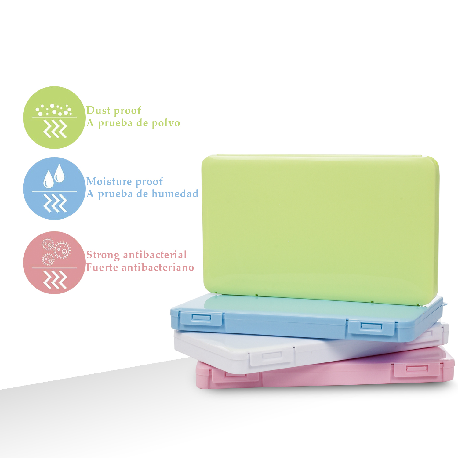 Pila de contenedores verde, azul, blanco y rosa con iconos de protección contra polvo, humedad y bacterias.