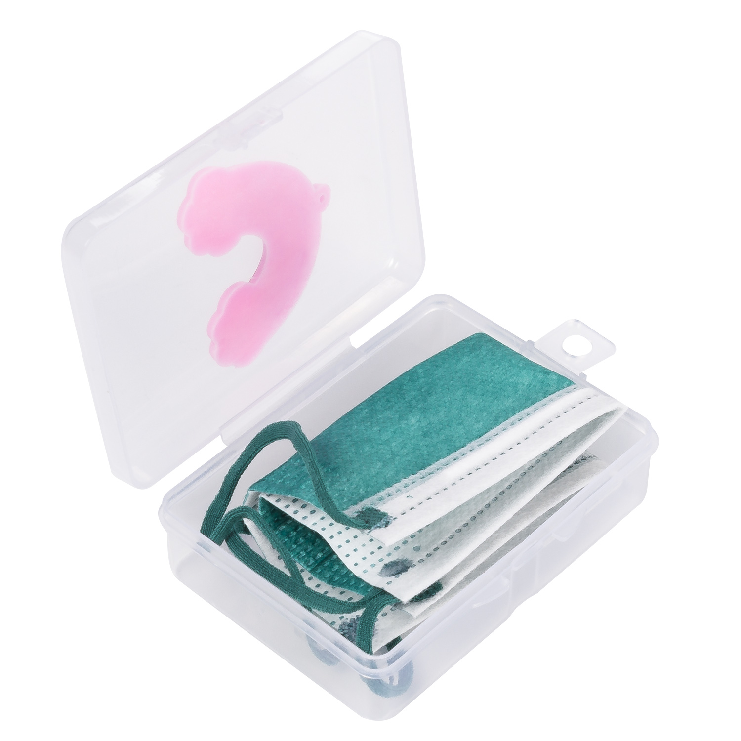 Contenedor transparente con 3 mascarillas verdes y un soporte rosa en forma de tapón.