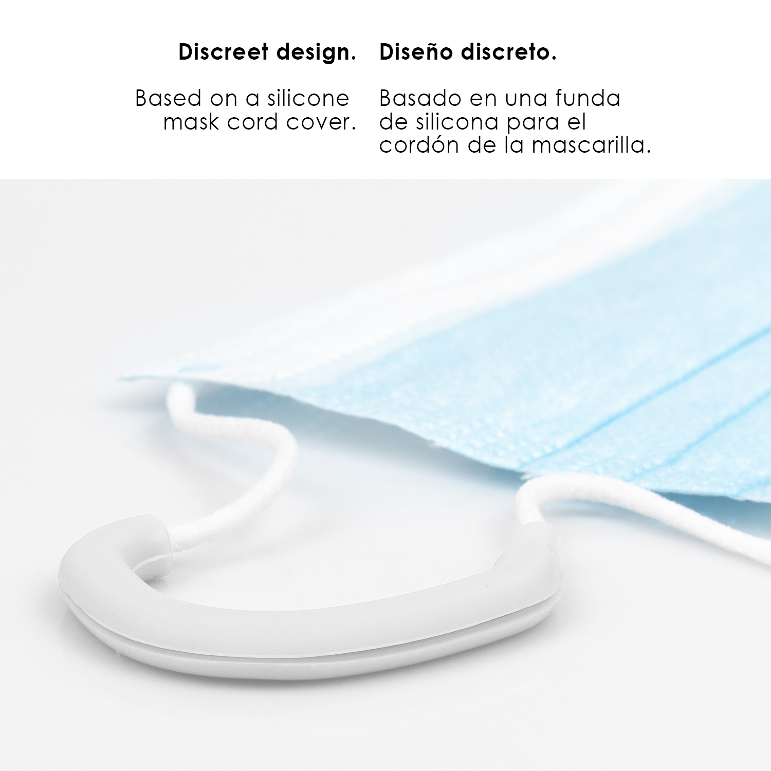 Un soporte de máscara de silicona blanco con parte de una máscara azul.