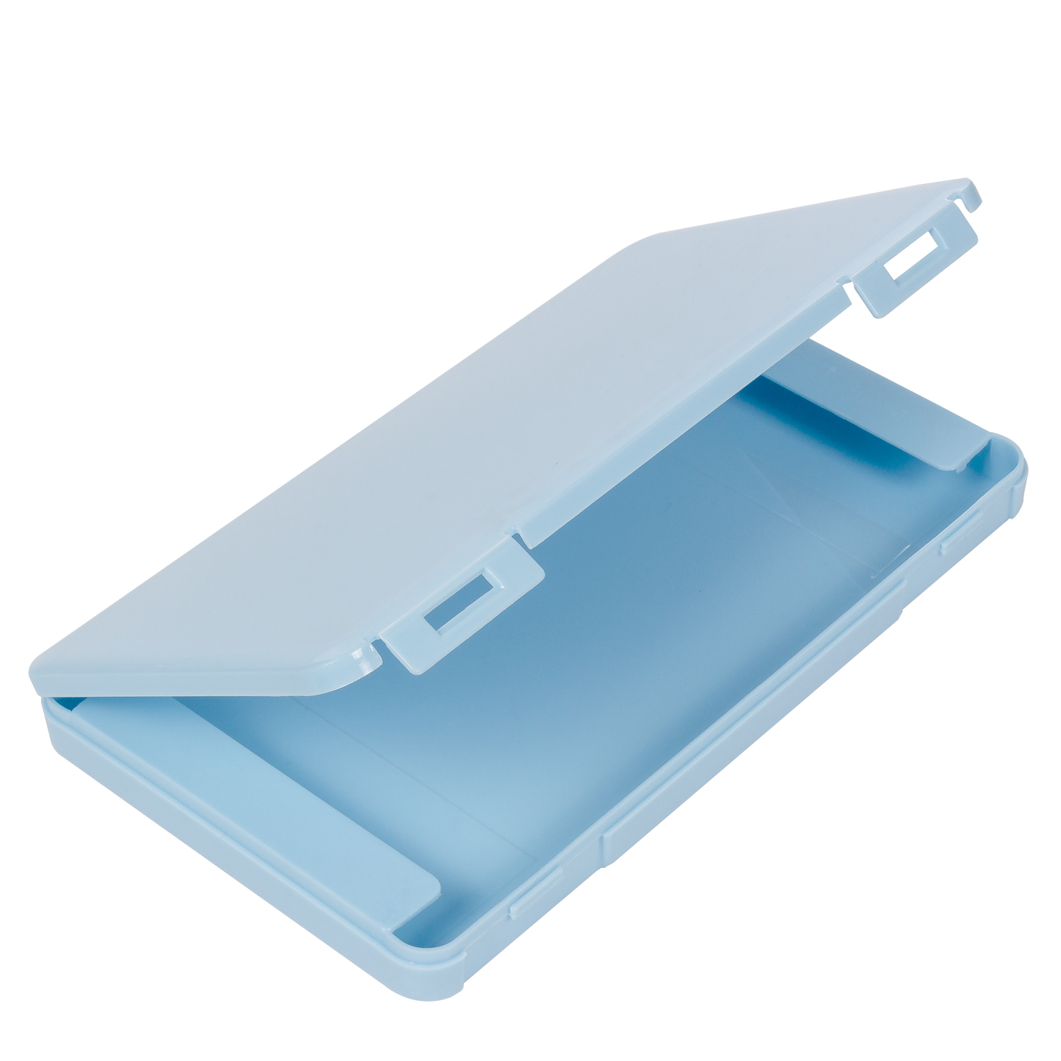 Una caja rectangular de plástico azul claro con tapa abierta y cierres.