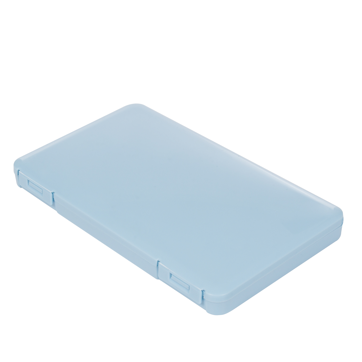 Una caja rectangular de plástico azul claro con esquinas redondeadas.