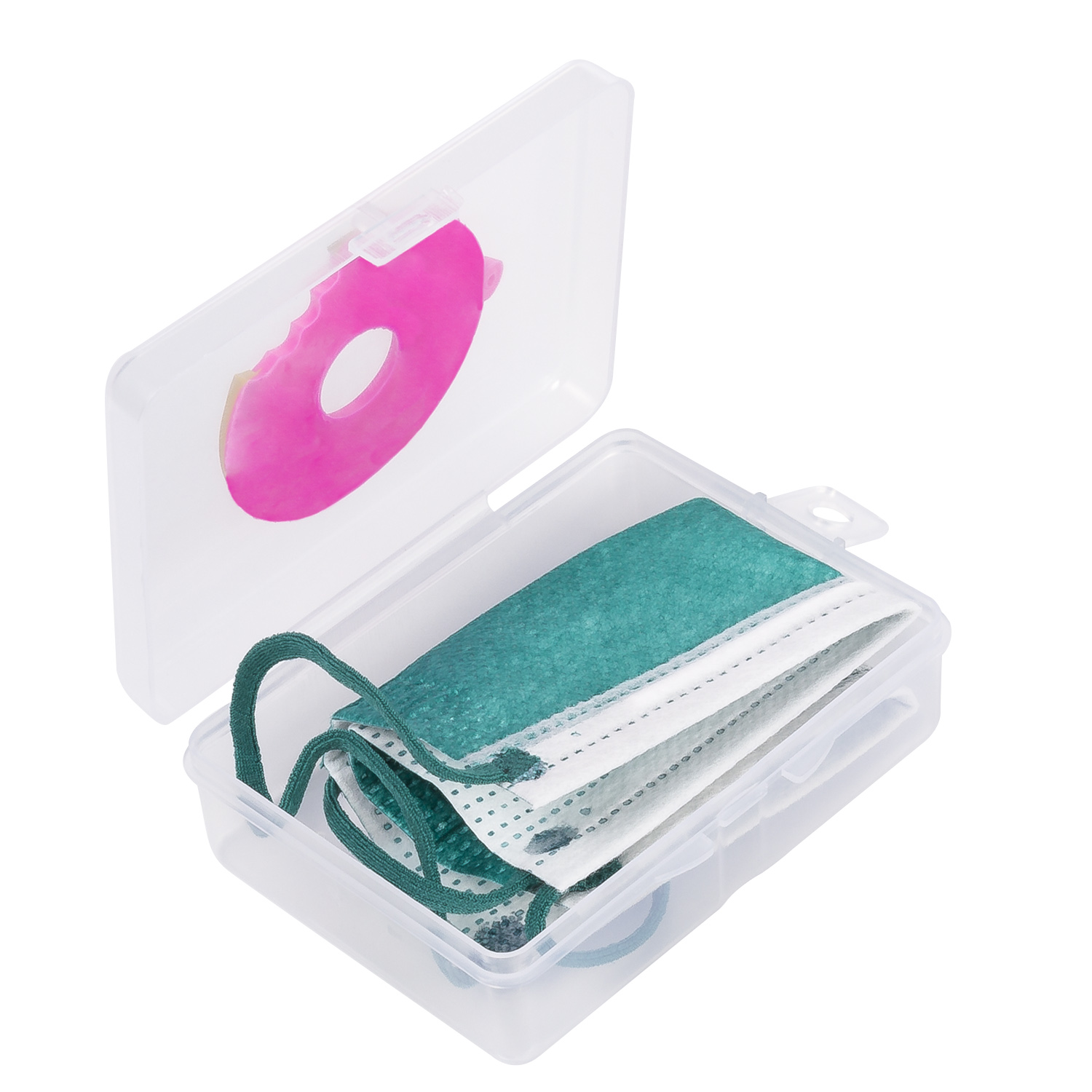 Una caja transparente con cuatro mascarillas turquesas y una decoración de pegatina rosa.