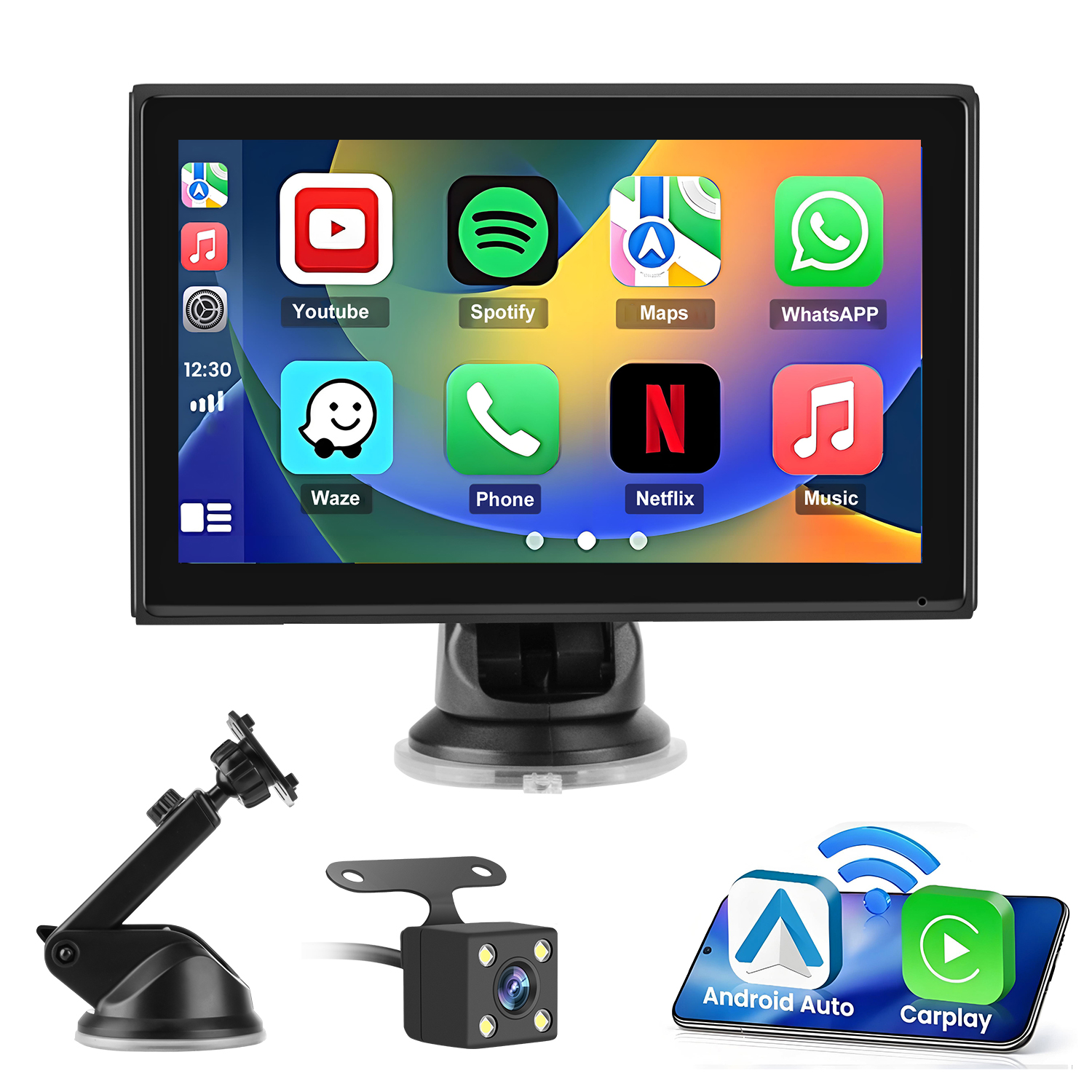 Ein Autoradio-Display mit App-Icons, einer Halterung und einer Rückfahrkamera.