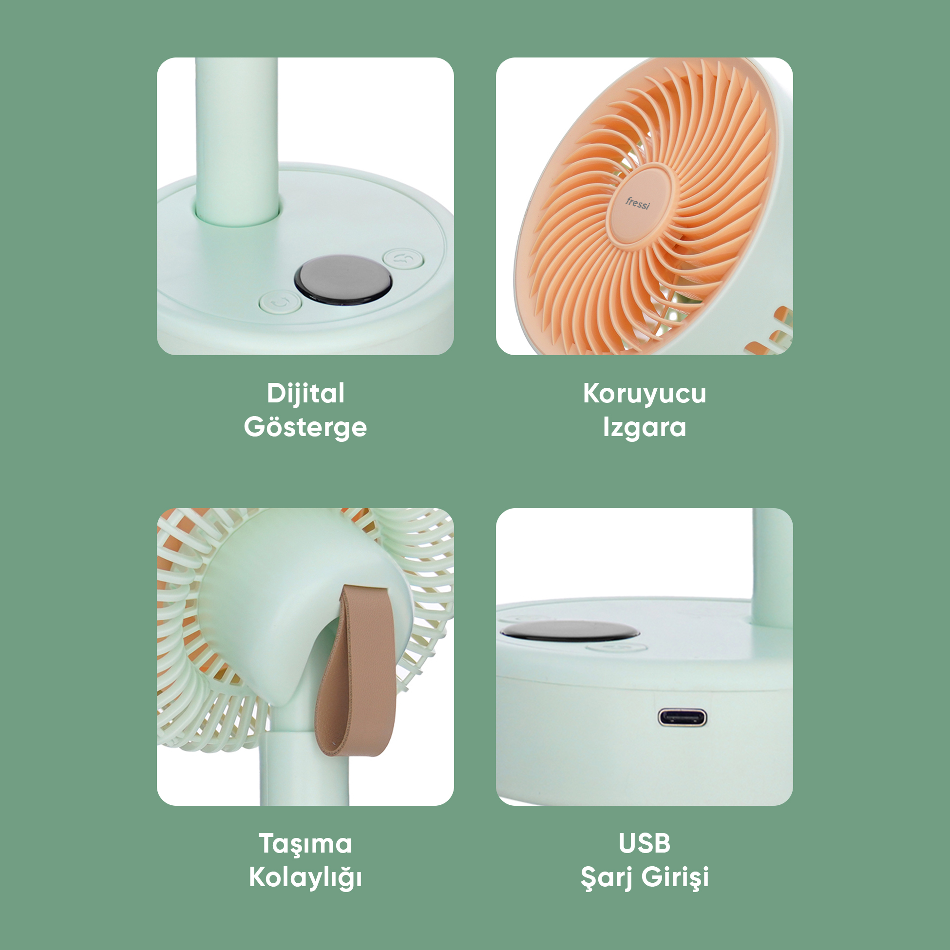 Taşıma kolu ve USB bağlantı noktasına sahip açık yeşil fan.