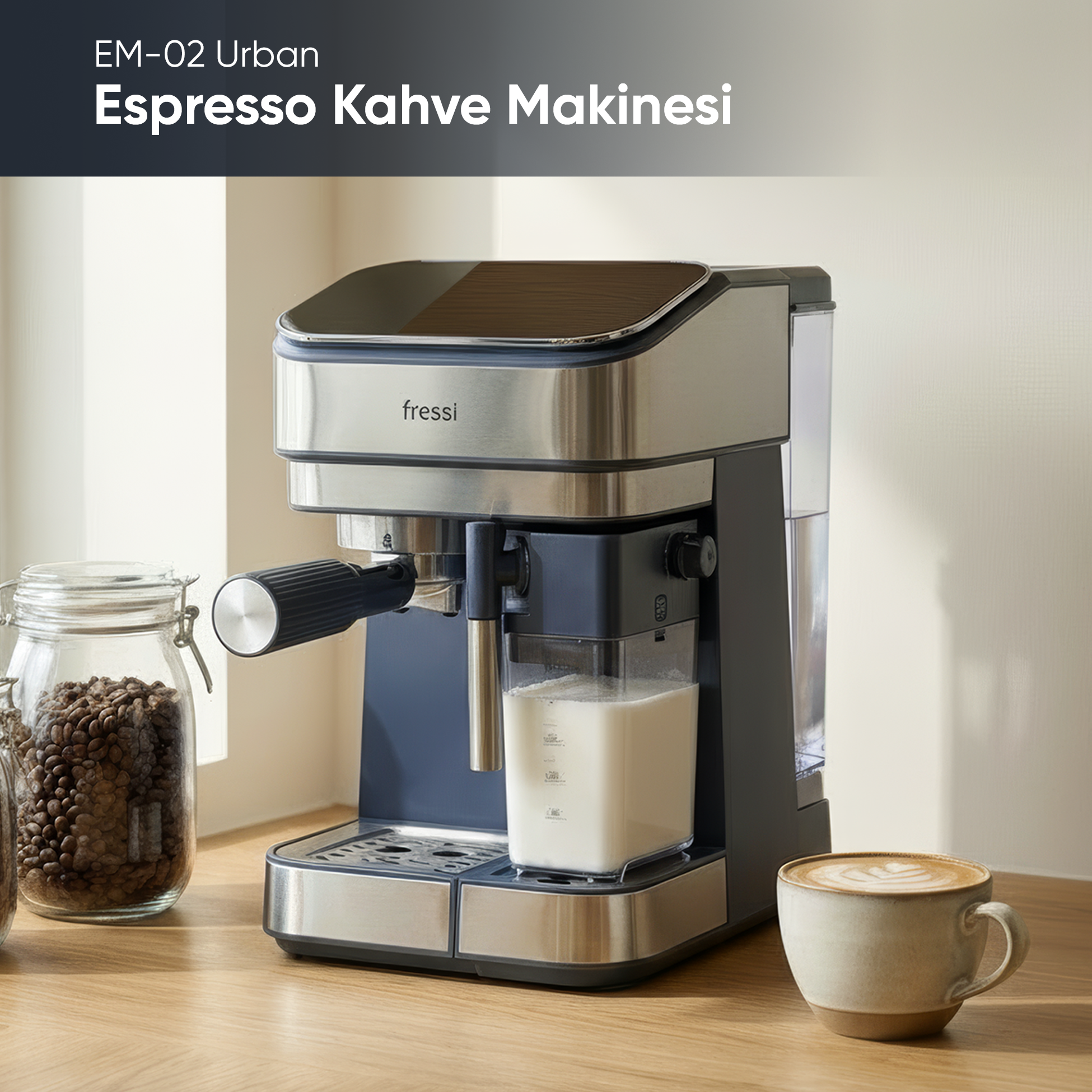 Sütlük, kahve çekirdeği kavanozu ve latte art fincanı olan espresso makinesi.