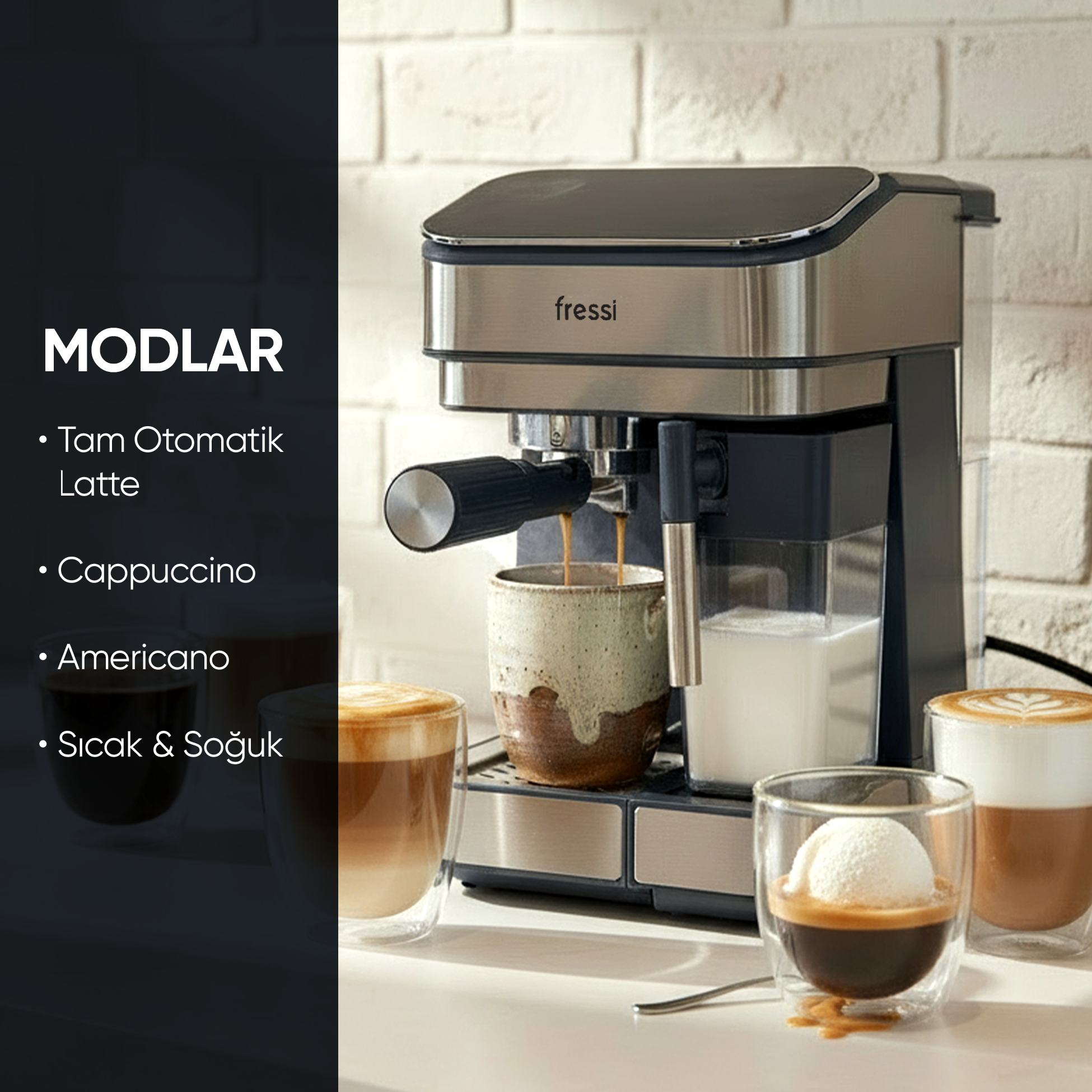Espresso makinesi bir fincana espresso demliyor, yanında süt ve kahve içecekleri var.