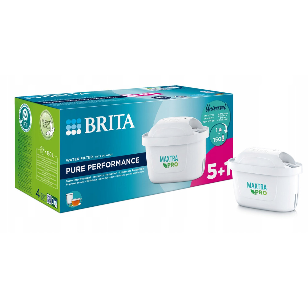Brita MAXTRA PRO Wasserfilterpackung mit 5+1 Filtern. Blauer Karton, weiße Filter.
