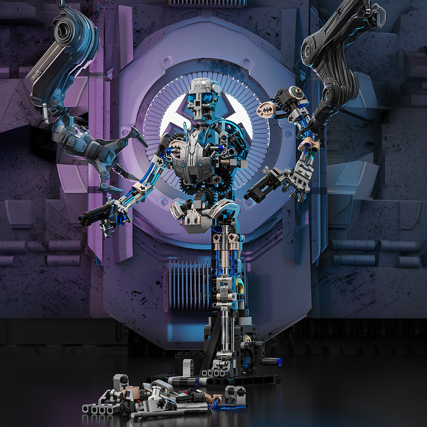 Un robot detallado de piezas grises y azules con muchos brazos, frente a un fondo futurista.