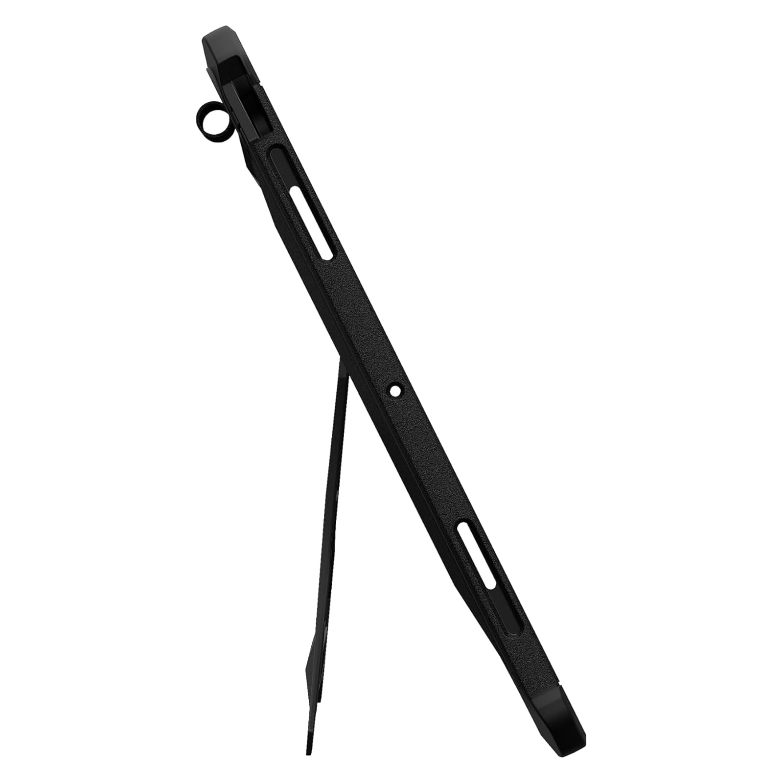 Czarne etui na tablet z podpórką, na białym tle.
