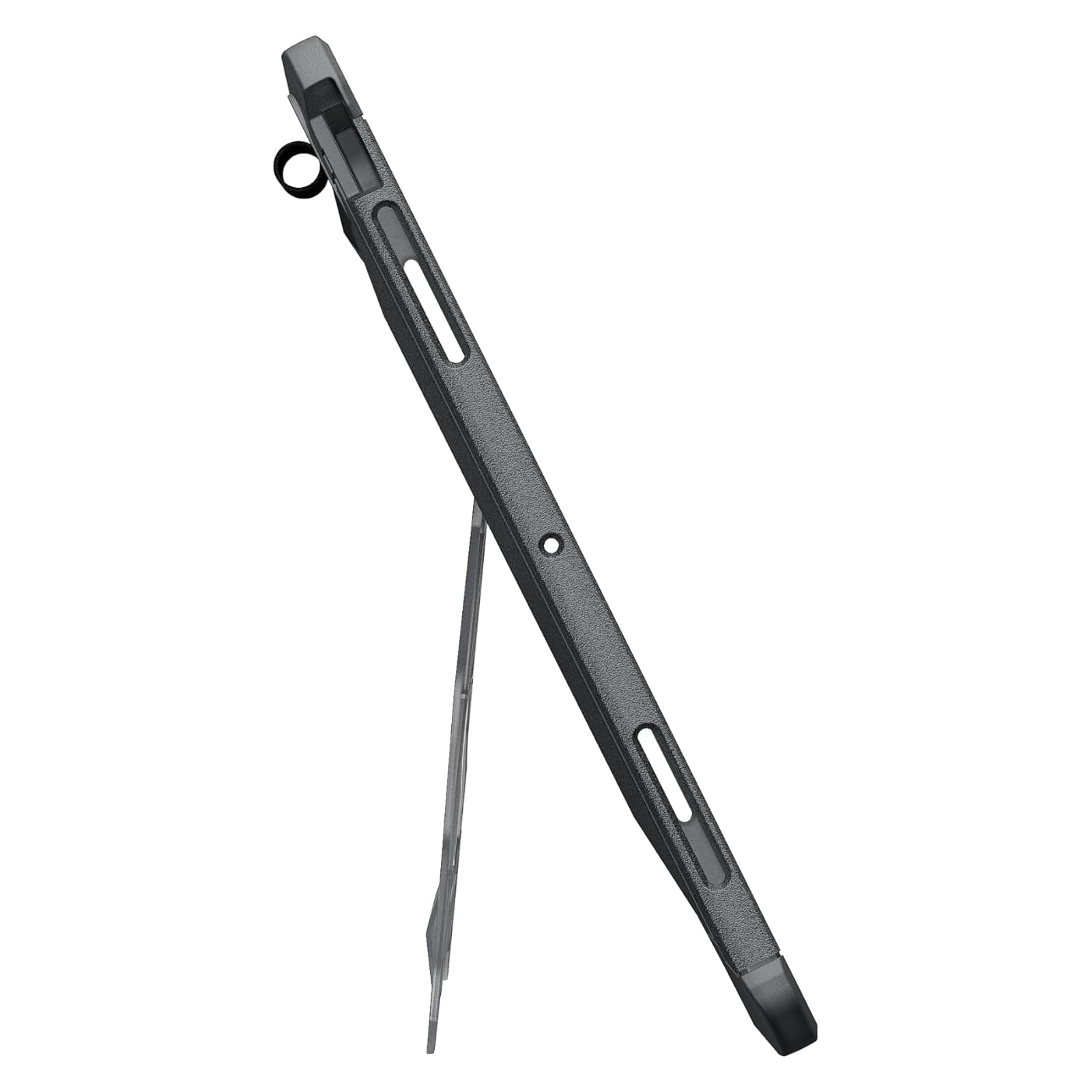 Czarne etui na tablet z wbudowaną podstawką, widziane z boku.