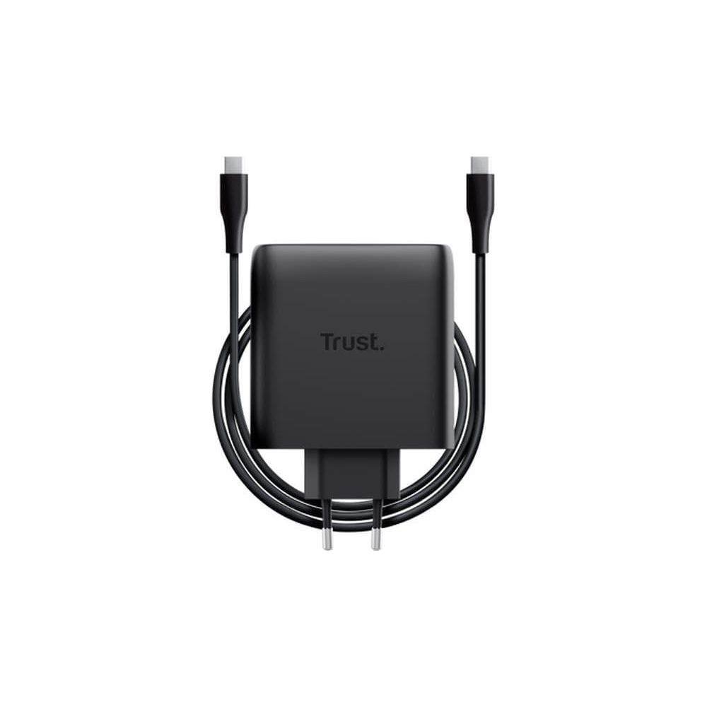 Czarna ładowarka USB-C marki Trust z nawiniętym kablem i białymi złączami USB-C.