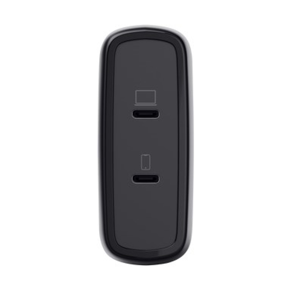 Czarna ładowarka z dwoma portami USB-C, każdy z ikoną laptopa/telefonu.