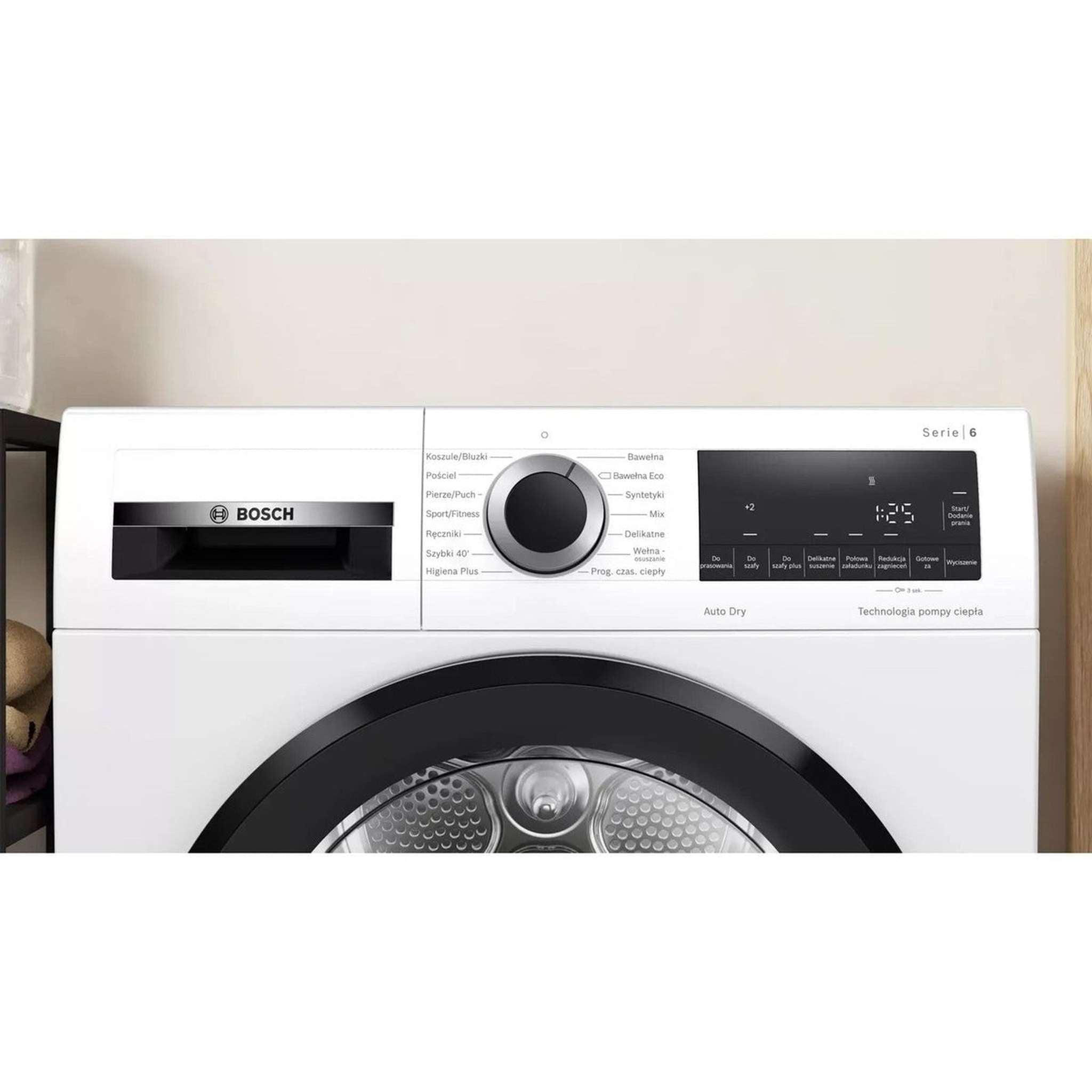 A white Bosch washing machine with a control panel and a porthole door.