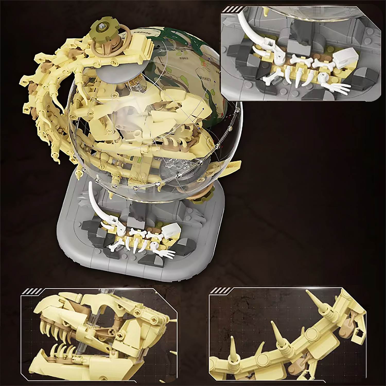 Un modelo de esqueleto de dinosaurio amarillo, parcialmente dentro de un globo de esfera de cristal.