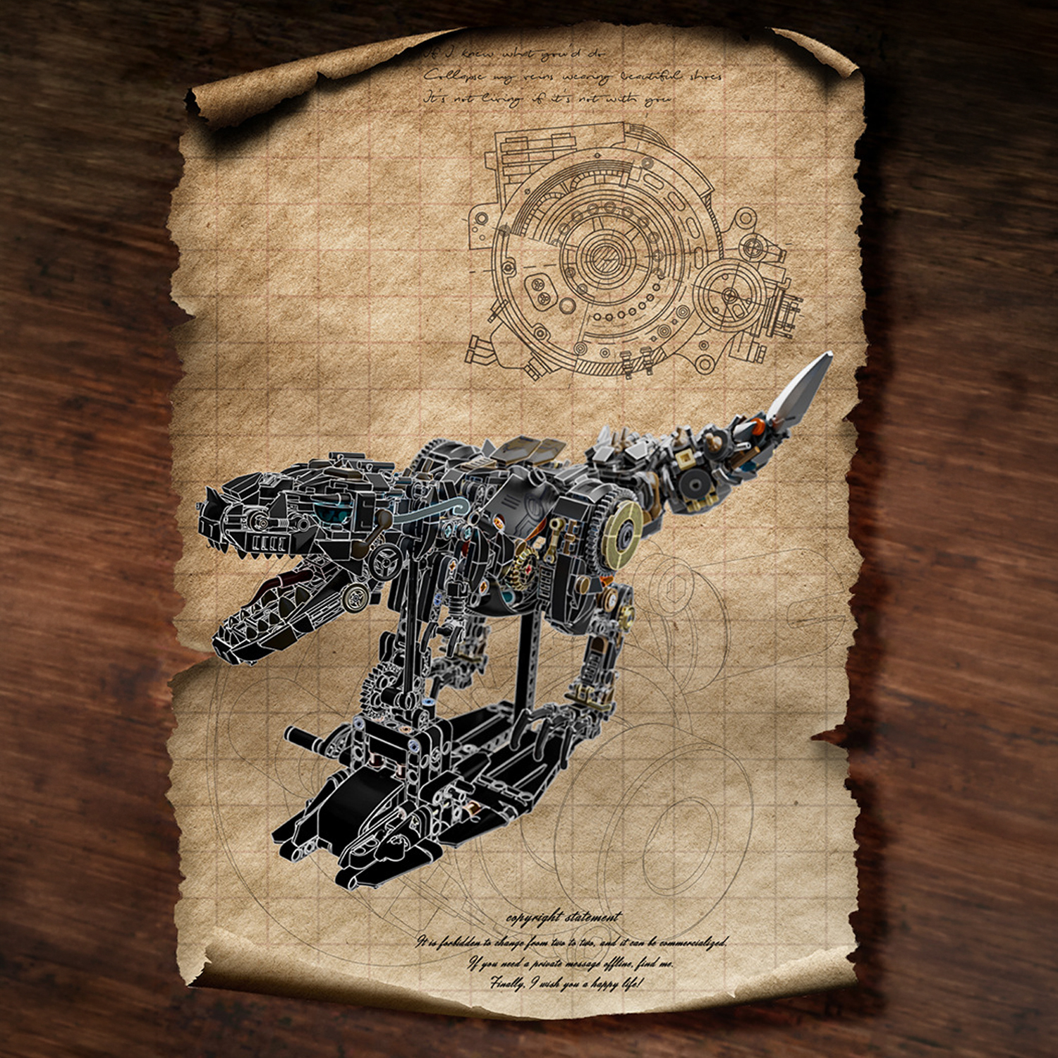 Un robot dinosaurio mecánico sobre un pergamino antiguo con dibujos técnicos.