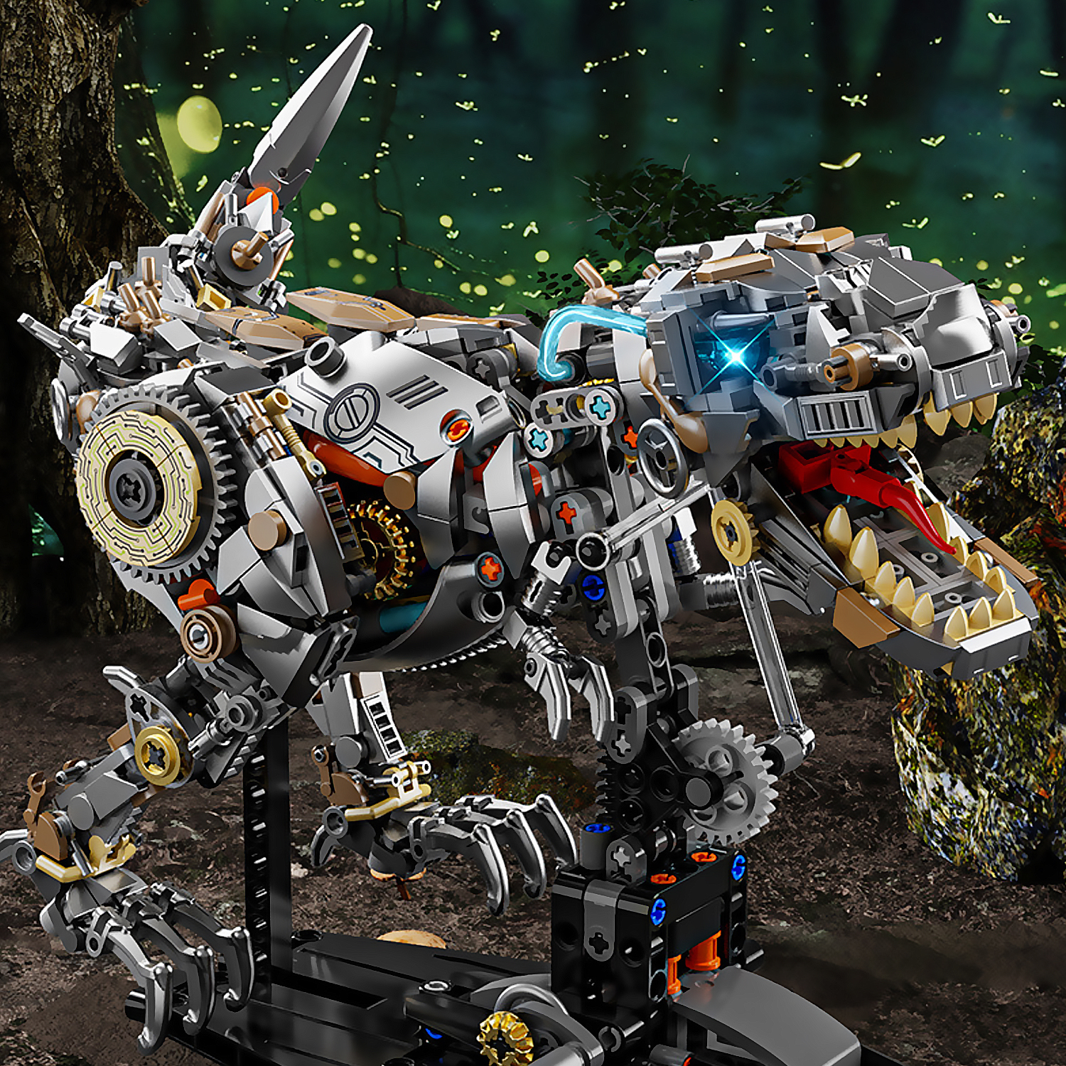 Un dinosaurio mecánico de Lego se alza sobre un soporte en un bosque oscuro con luciérnagas.