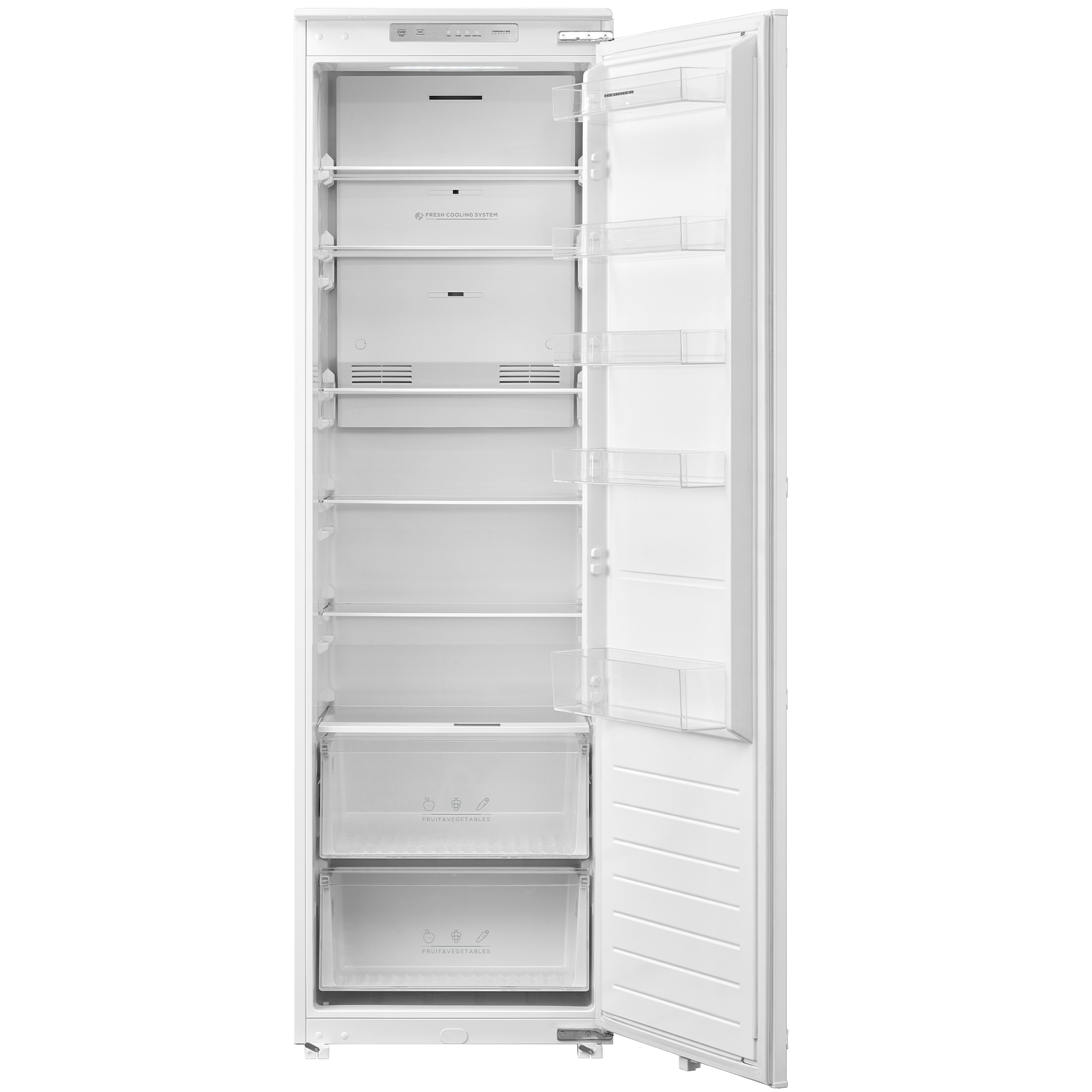Intérieur de réfrigérateur blanc ouvert avec étagères, tiroirs et compartiments de porte.
