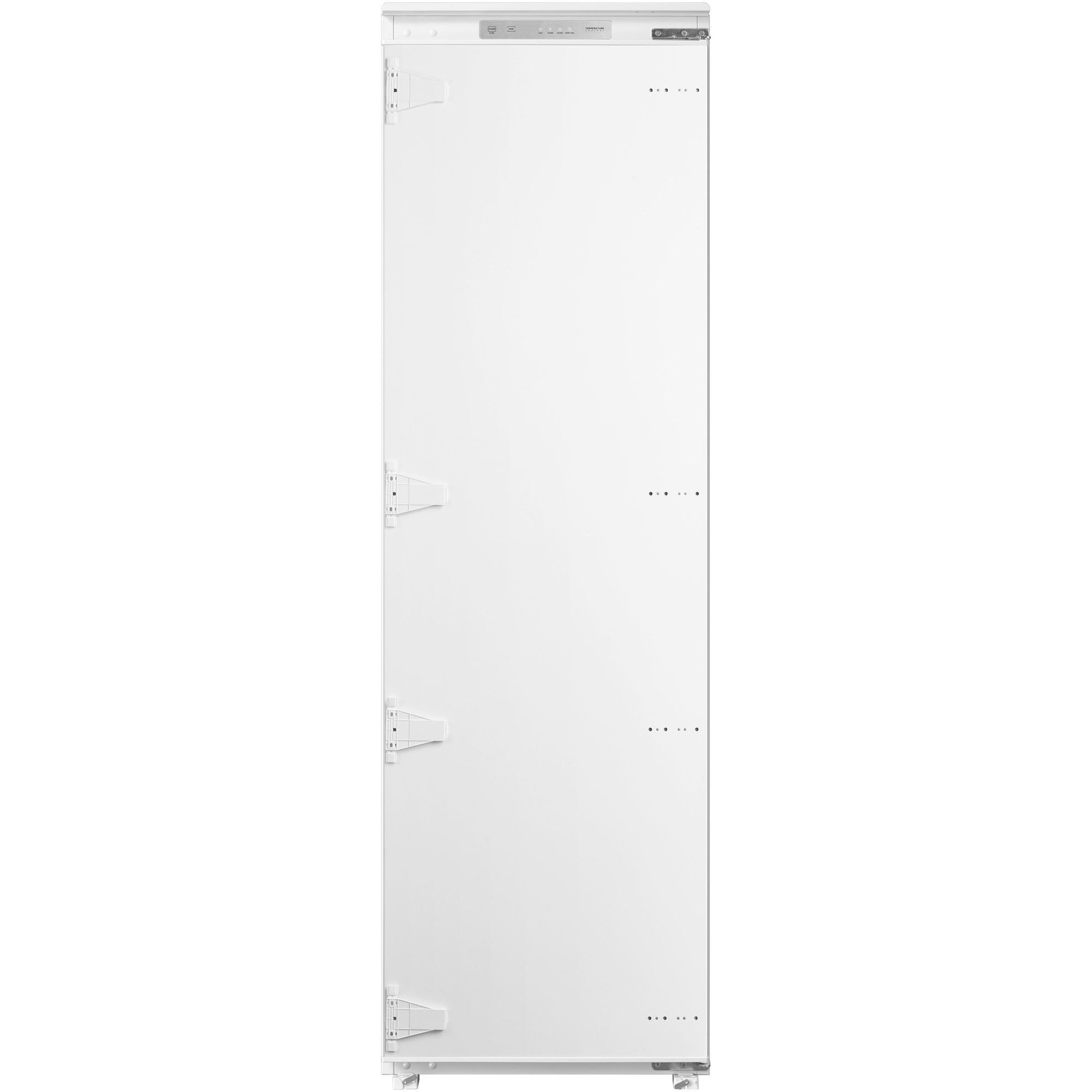 Une porte de cuisine blanche avec panneau de commande argenté en haut et charnières sur le côté.