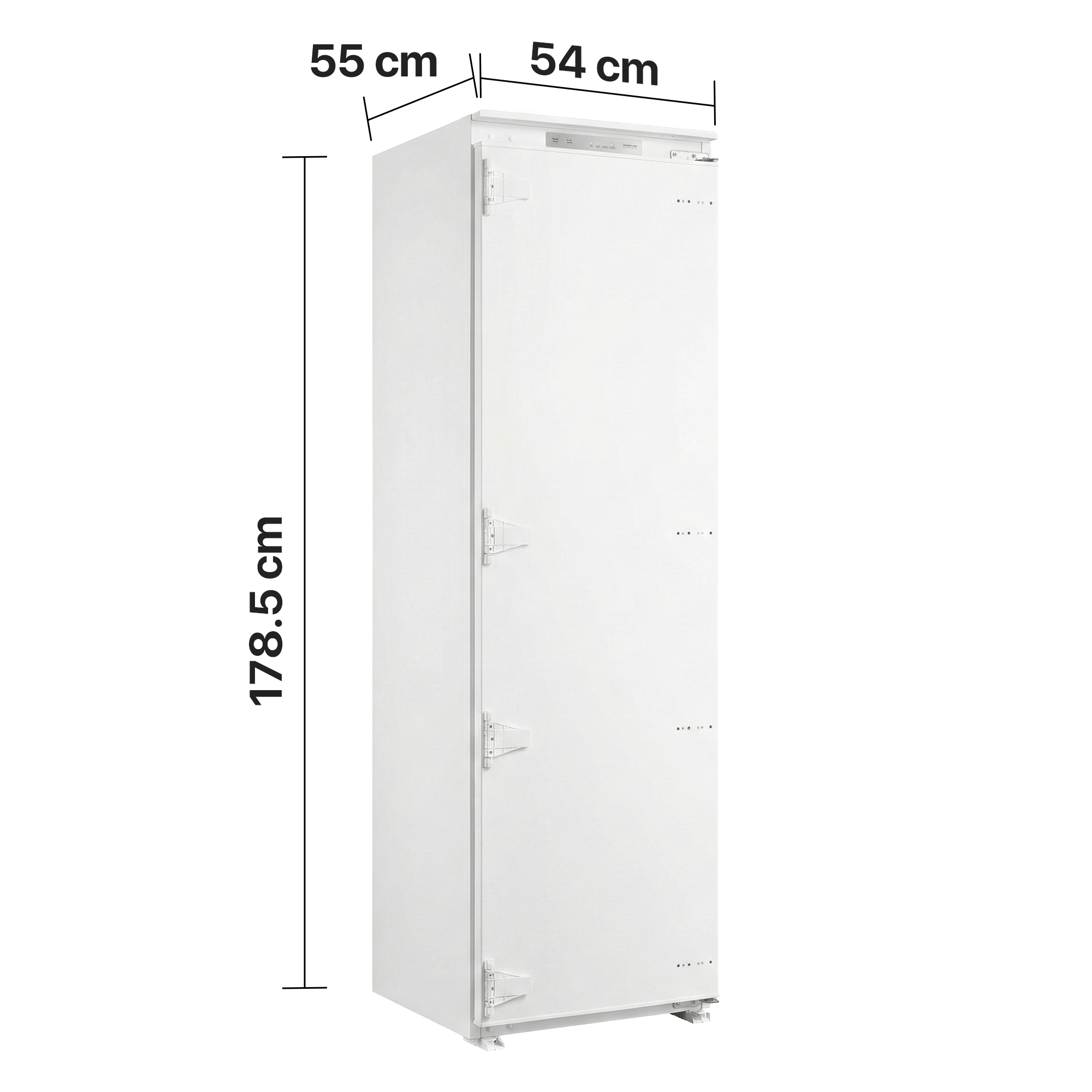 Un réfrigérateur blanc haut avec dimensions 178,5 cm H, 55 cm L, 54 cm P.