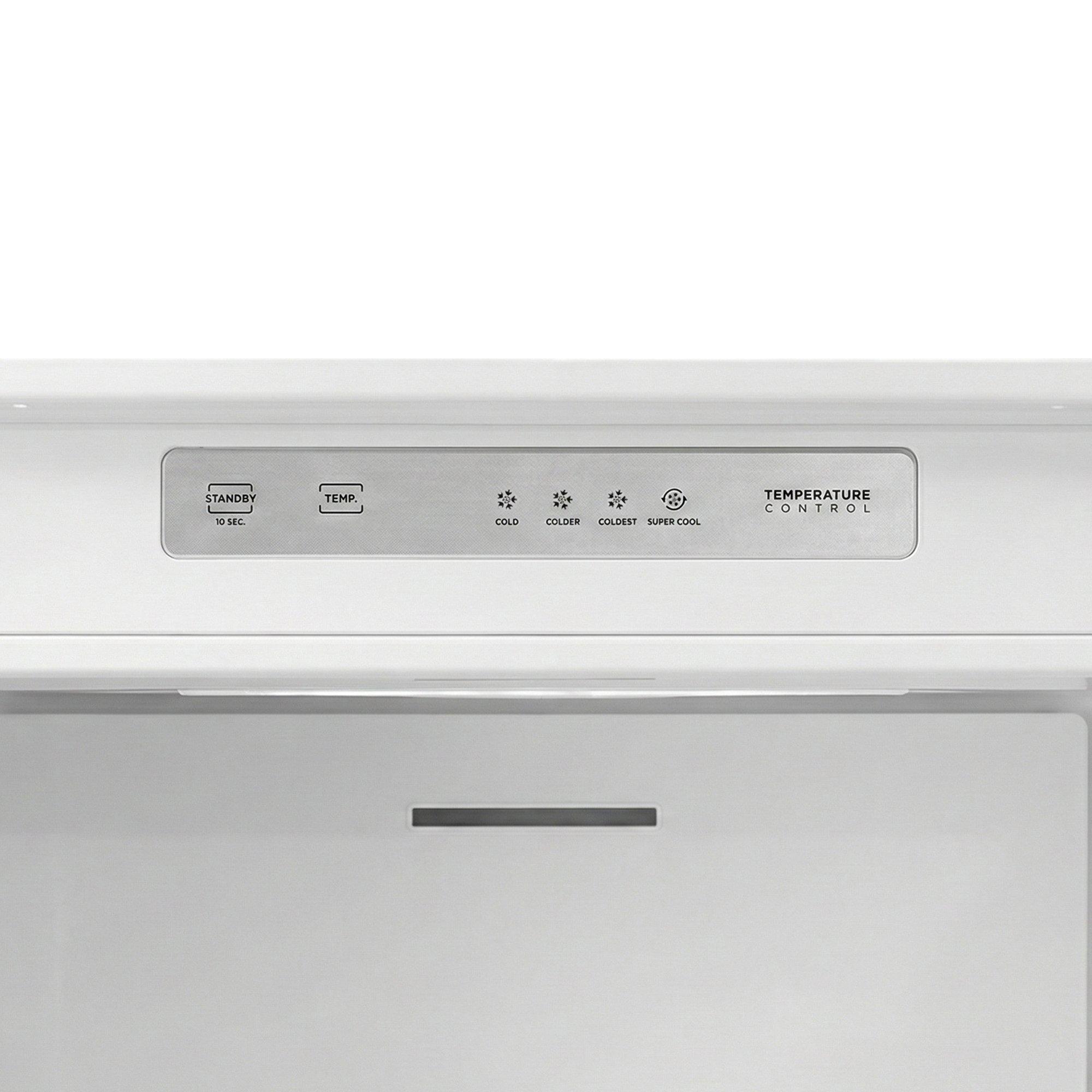 Panneau de commande d'un réfrigérateur avec des réglages comme veille, température, froid, plus froid, plus froid et super froid.