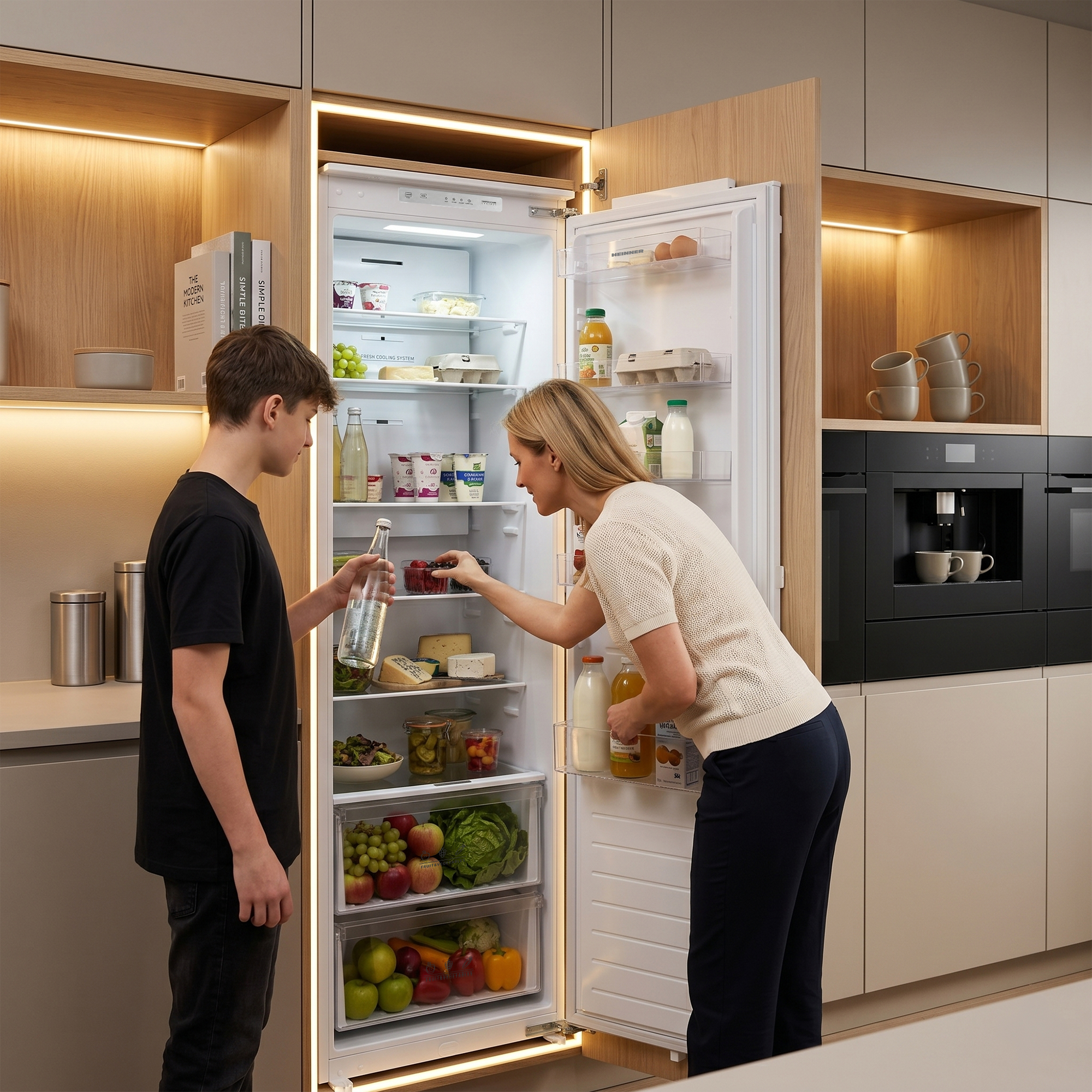 Homme et femme devant un réfrigérateur ouvert, rempli de fruits.
