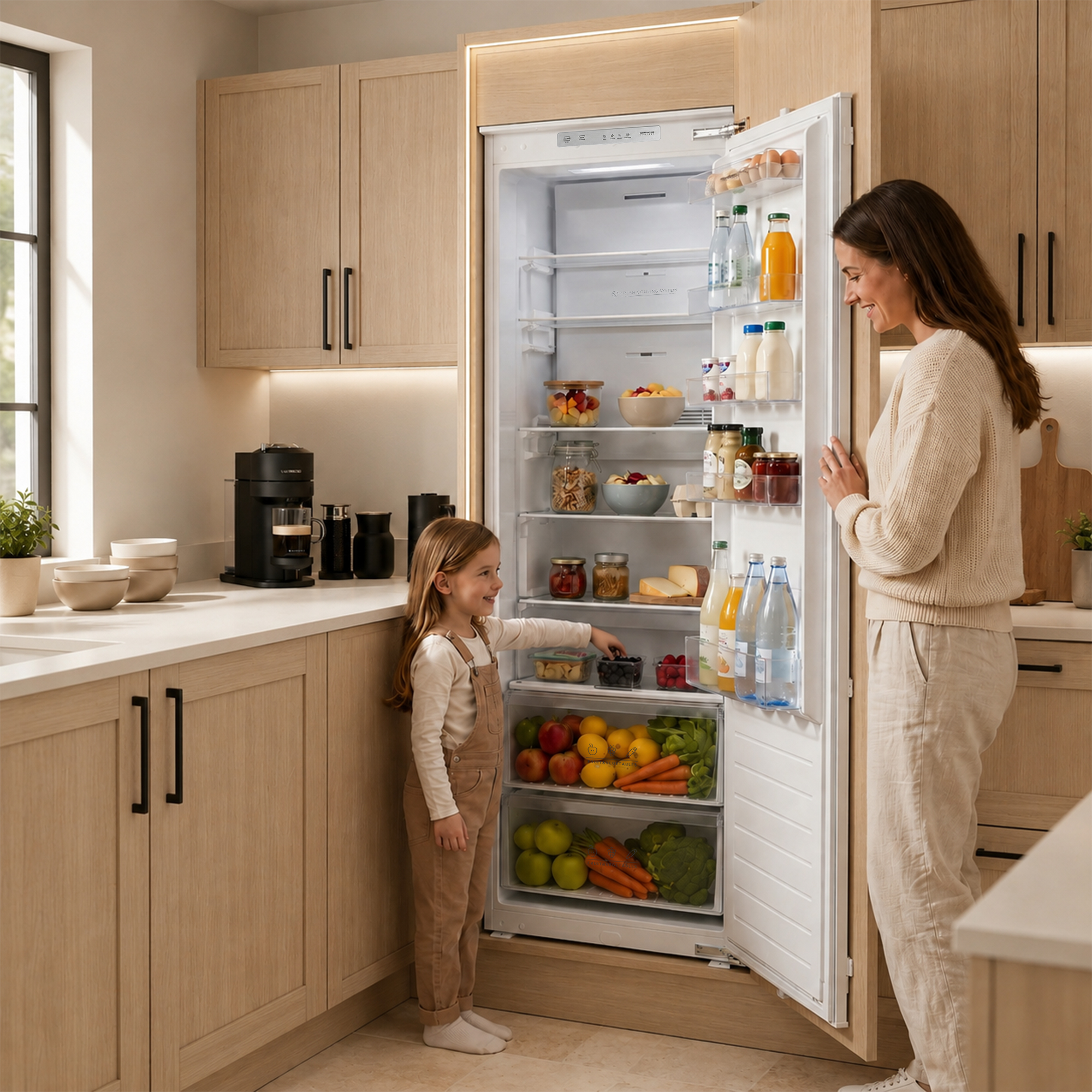 Une femme et un enfant se tiennent devant un réfrigérateur ouvert rempli de nourriture.