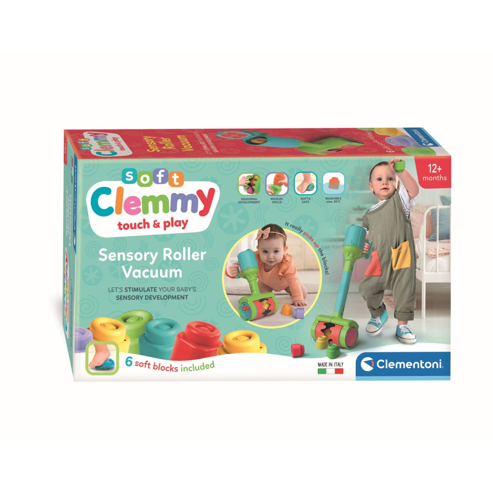 Pudełko zabawki Clemmy Sensory Roller Vacuum z dziećmi i klockami.