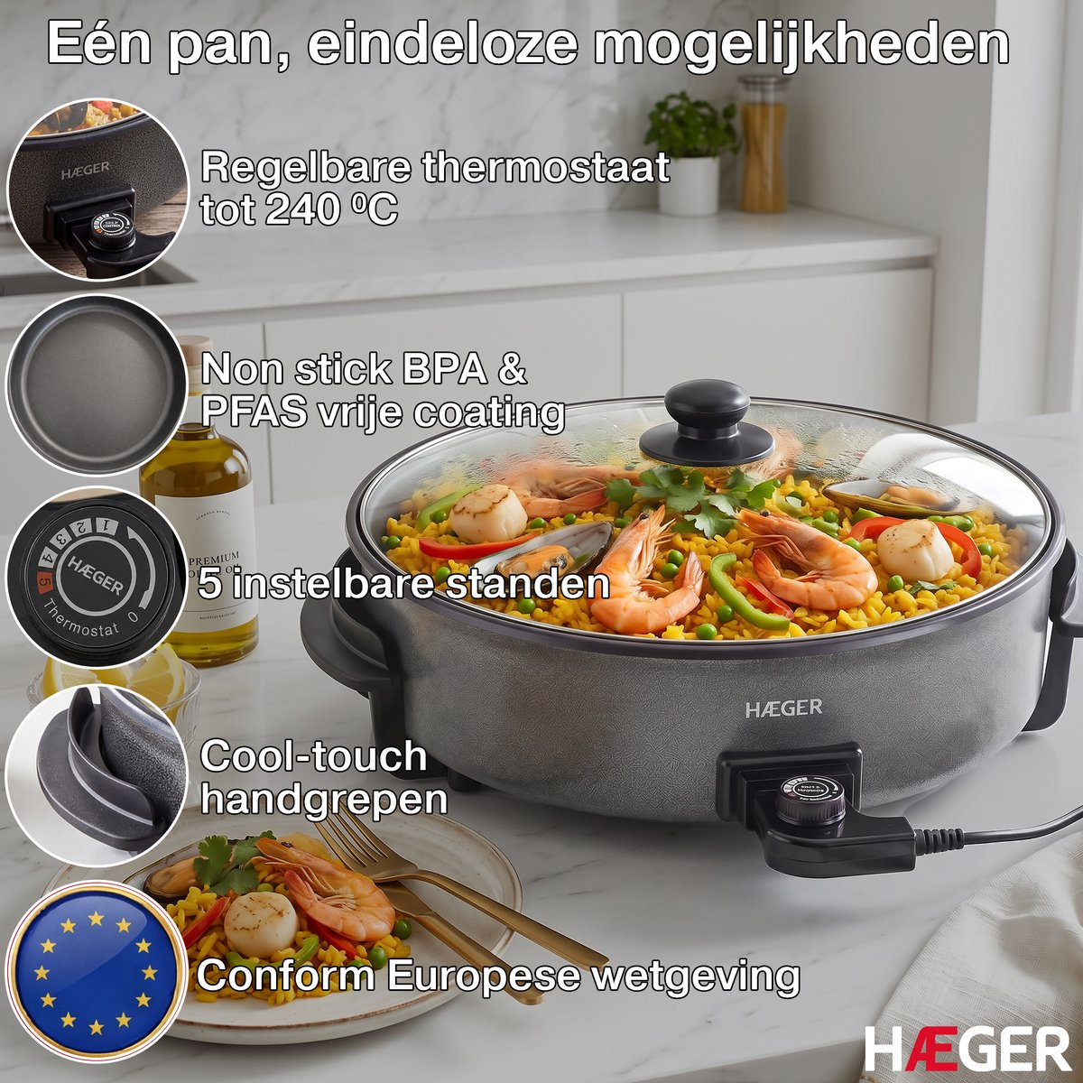 Eén pan, eindeloze mogelijkheden. Met thermostaat, anti-aanbak, 5 standen.