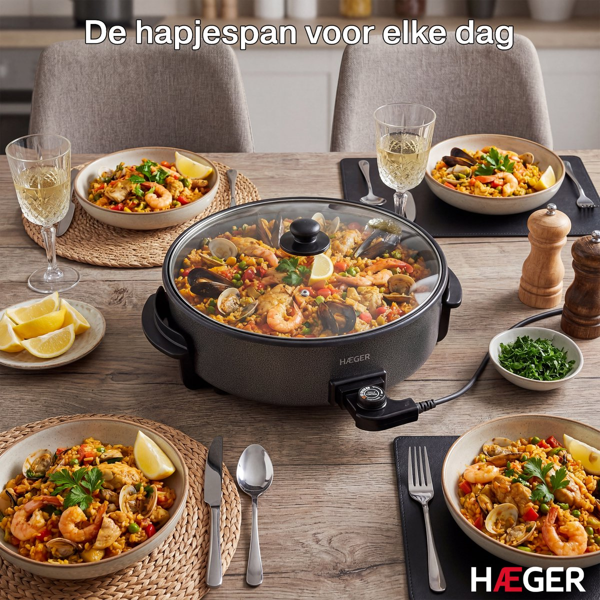 Een Haeger elektrische pan gevuld met paella, omringd door kommen paella, citroenpartjes en glazen wijn.