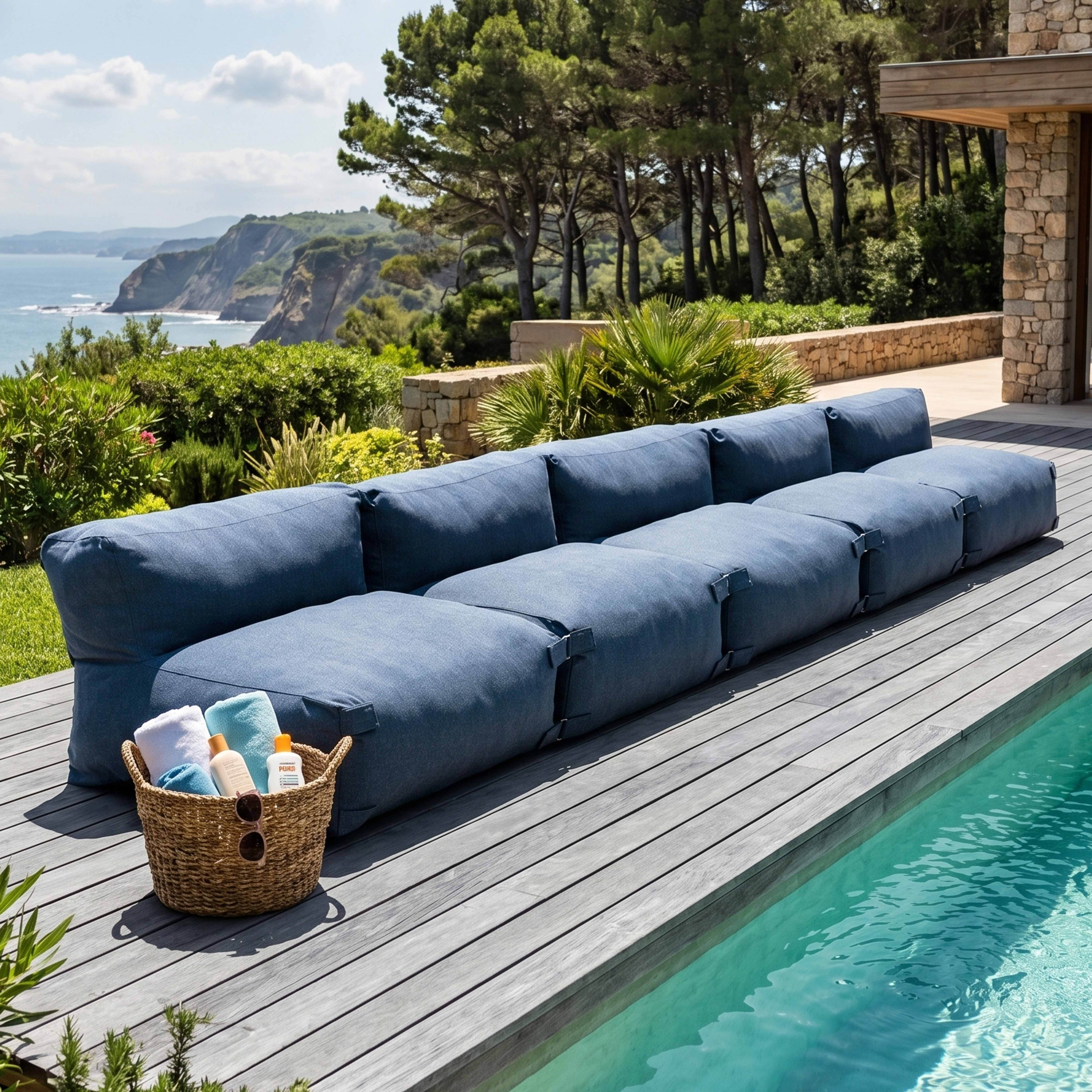 Ein blaues Sofa am Pool mit Handtüchern und Sonnencreme.