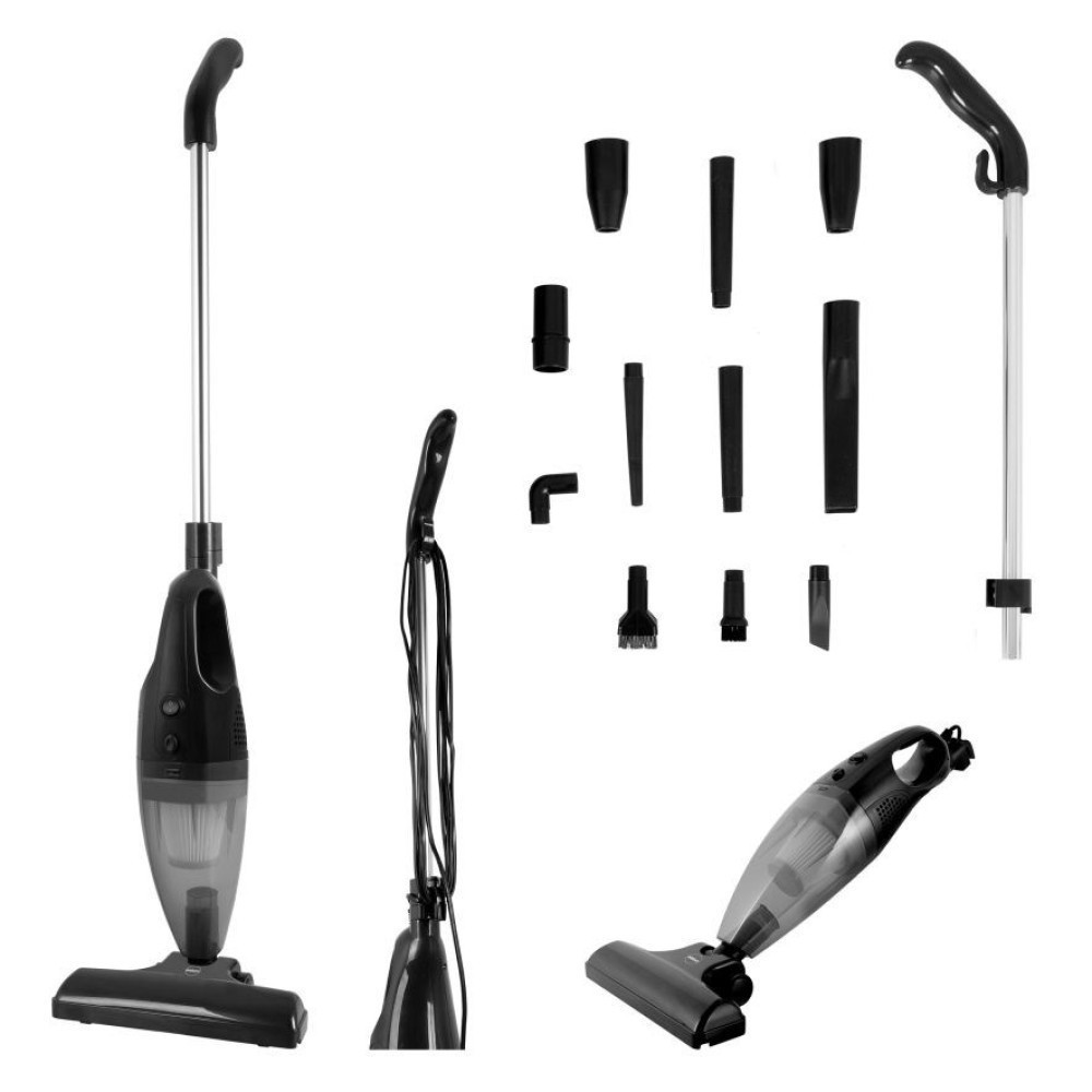 Aspirapolvere a scopa nero con accessori e aspirapolvere portatile.